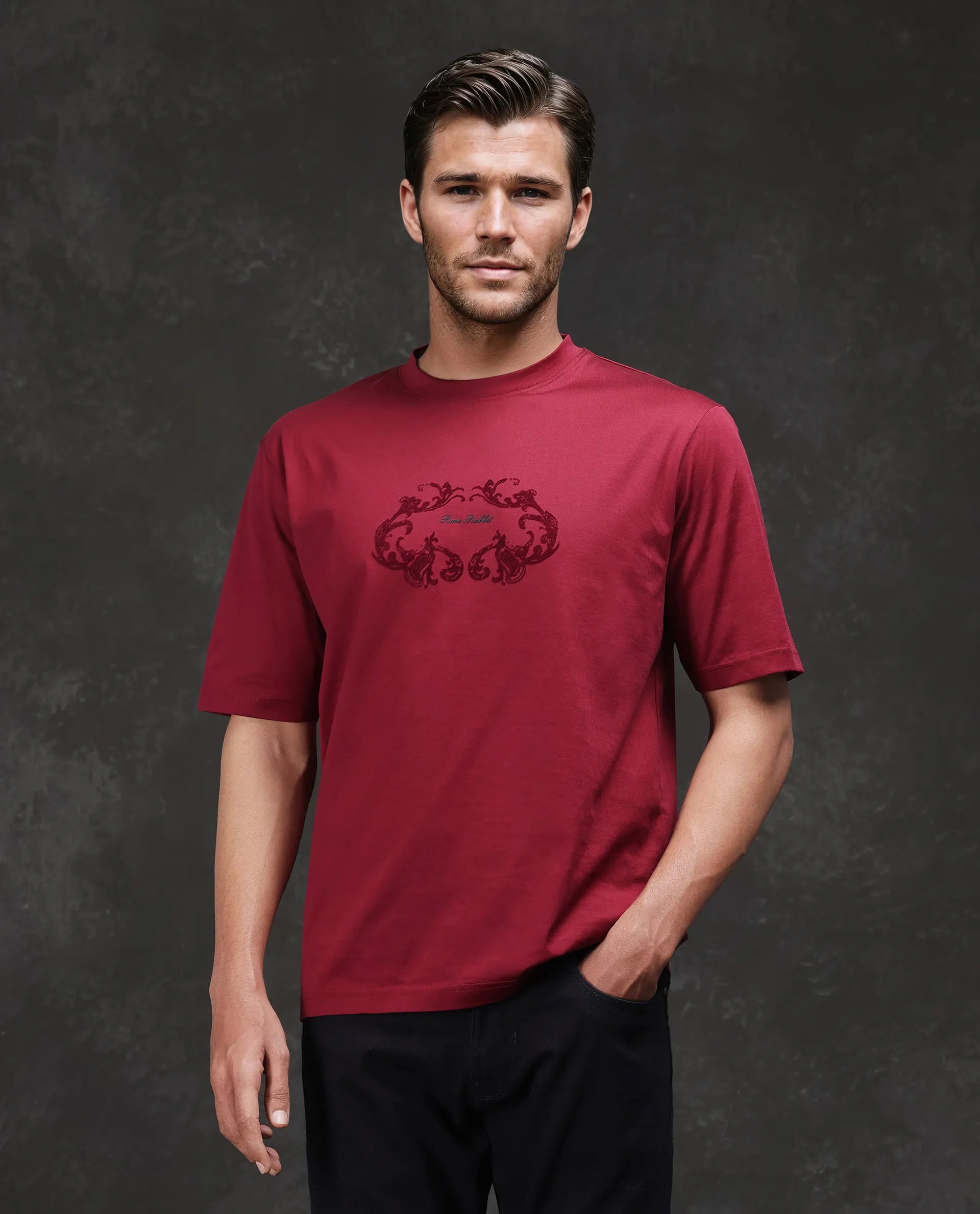 Rare Rabbit Men Aon Dark Red Cotton Fabric Short Sleeve Crew Neck Barcelone Fit Flock Print T-Shirt