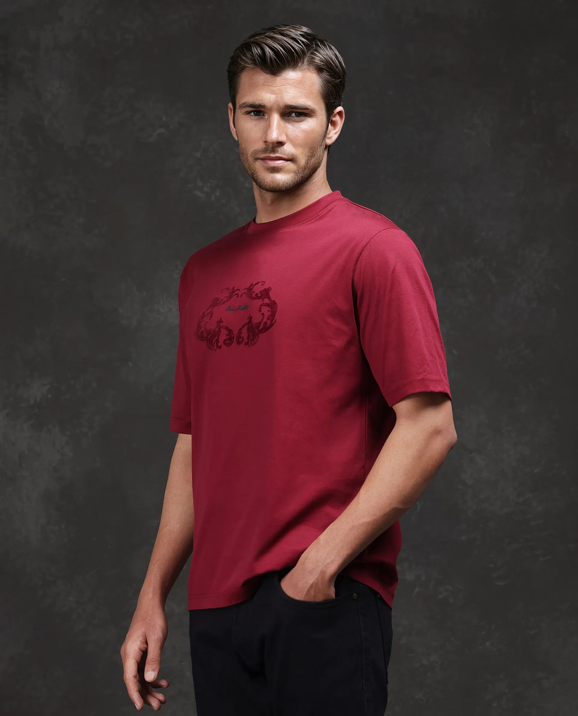 Rare Rabbit Men Aon Dark Red Cotton Fabric Short Sleeve Crew Neck Barcelone Fit Flock Print T-Shirt