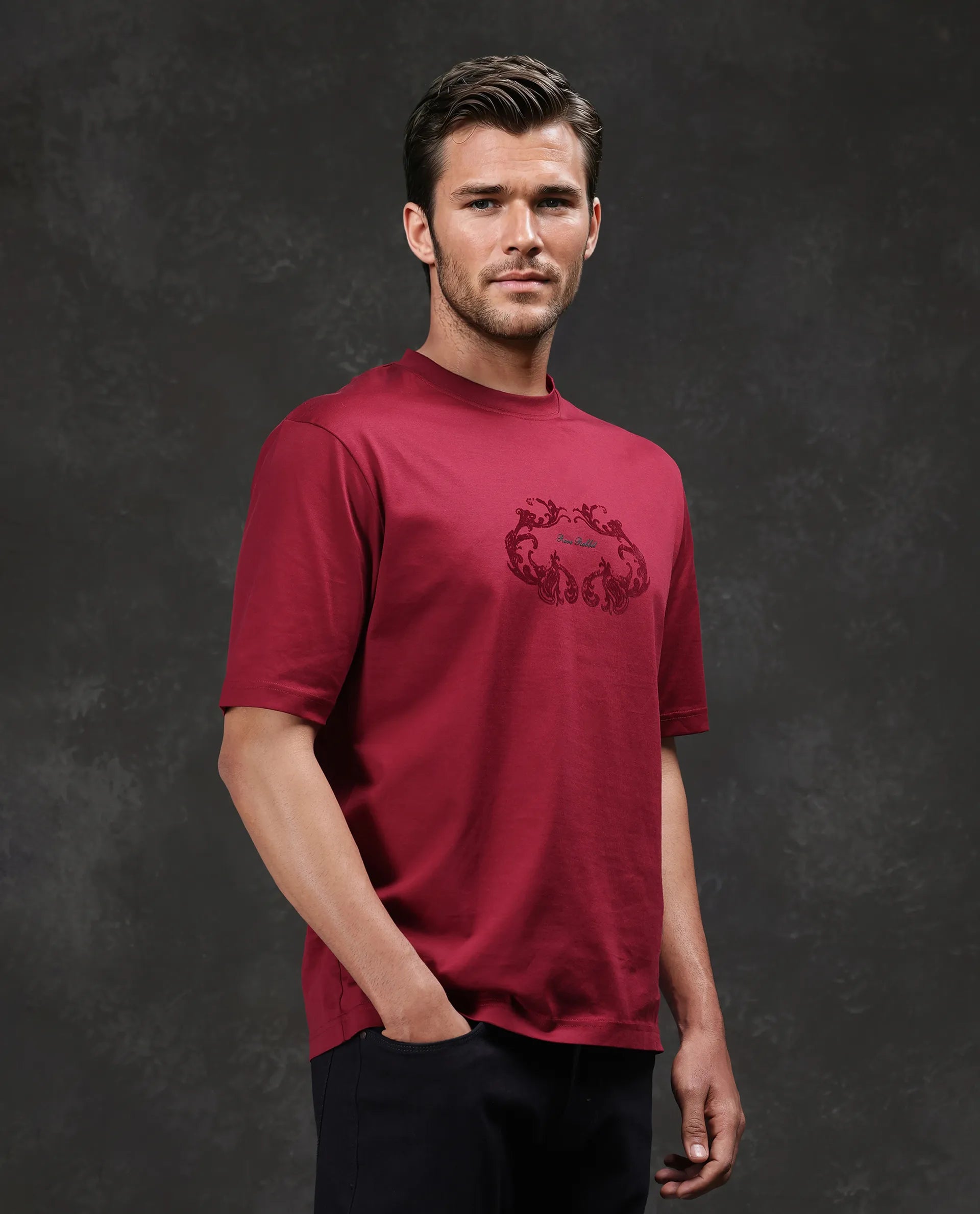 Rare Rabbit Men Aon Dark Red Cotton Fabric Short Sleeve Crew Neck Barcelone Fit Flock Print T-Shirt