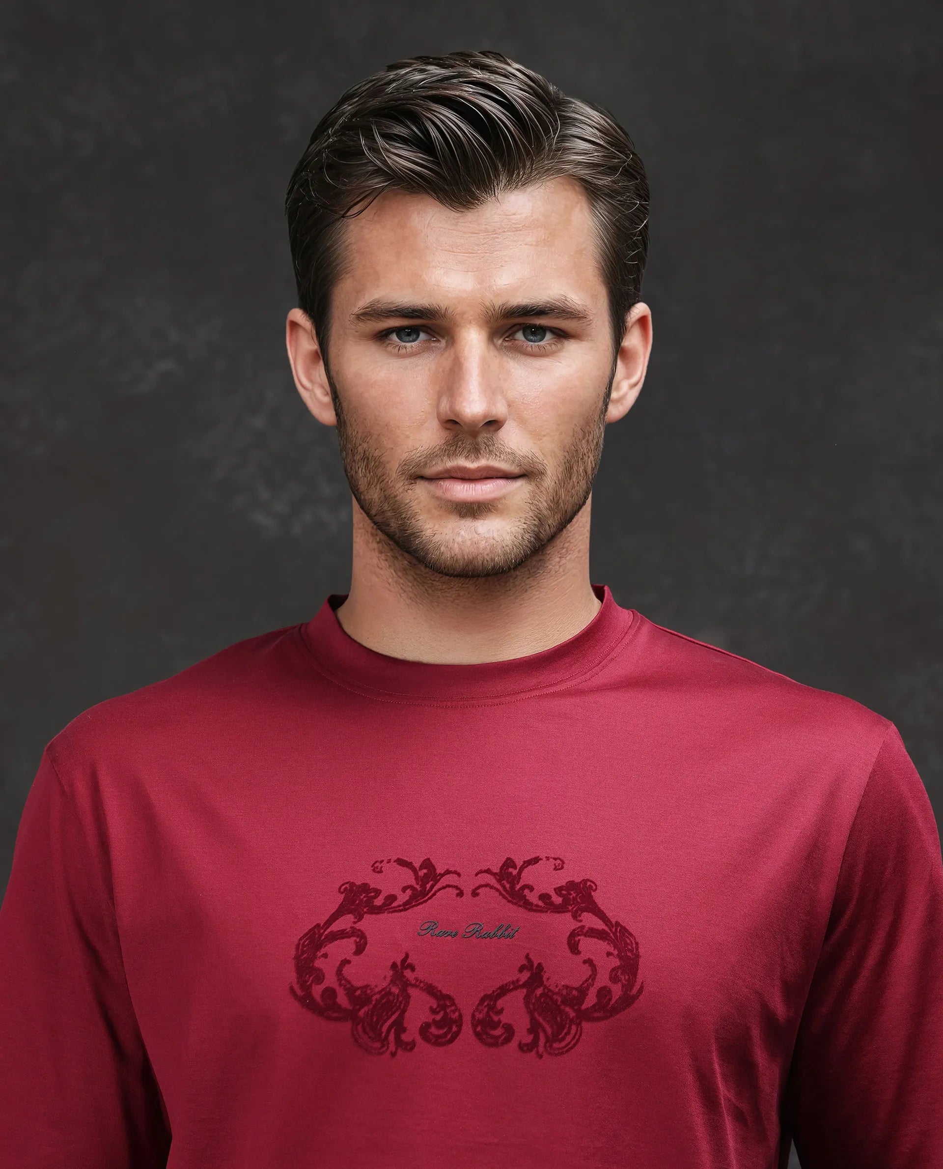 Rare Rabbit Men Aon Dark Red Cotton Fabric Short Sleeve Crew Neck Barcelone Fit Flock Print T-Shirt