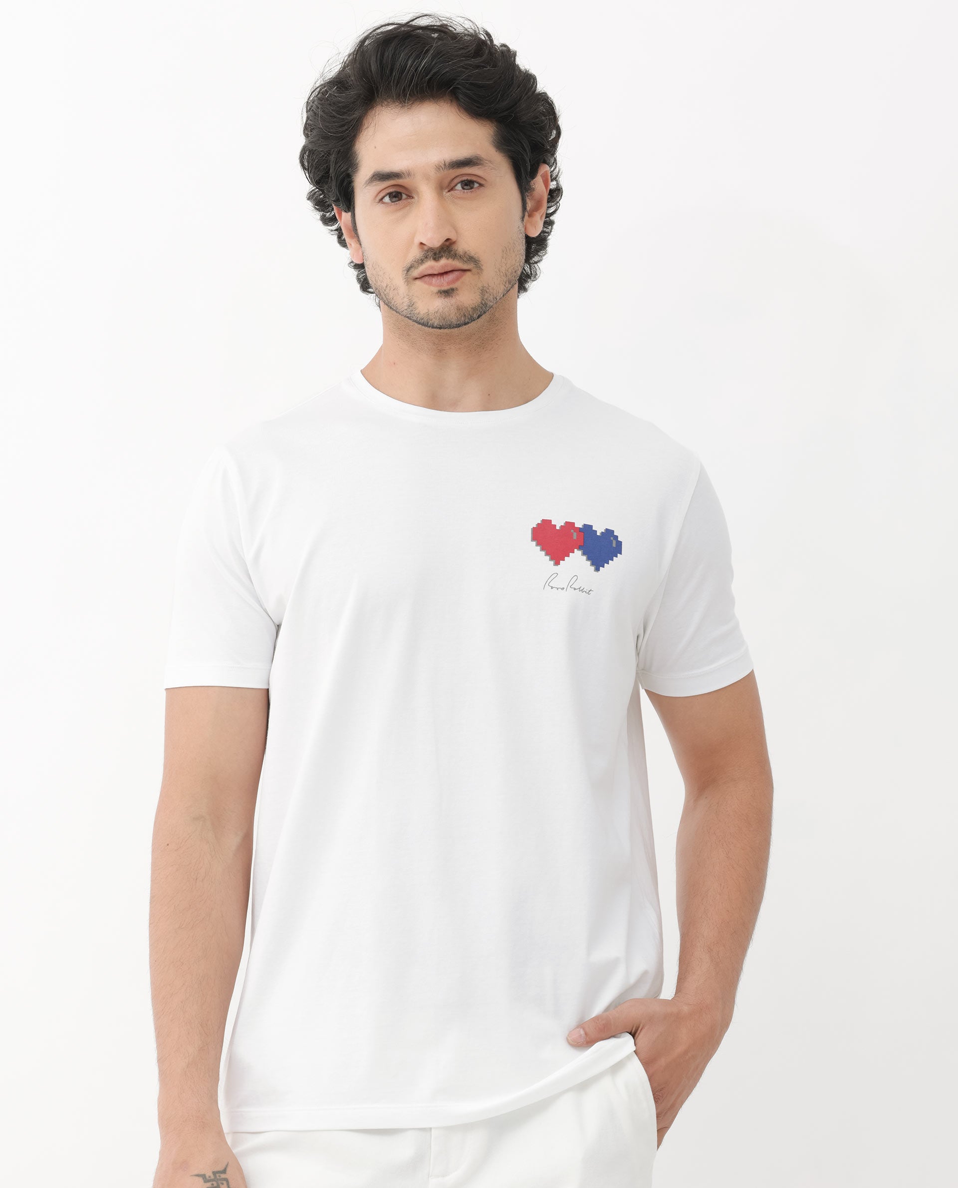 Rare Rabbit Mens Aorta-1 White Cotton Lycra Fabric Short Sleeve Skinny Fit Graphic Print T-Shirt