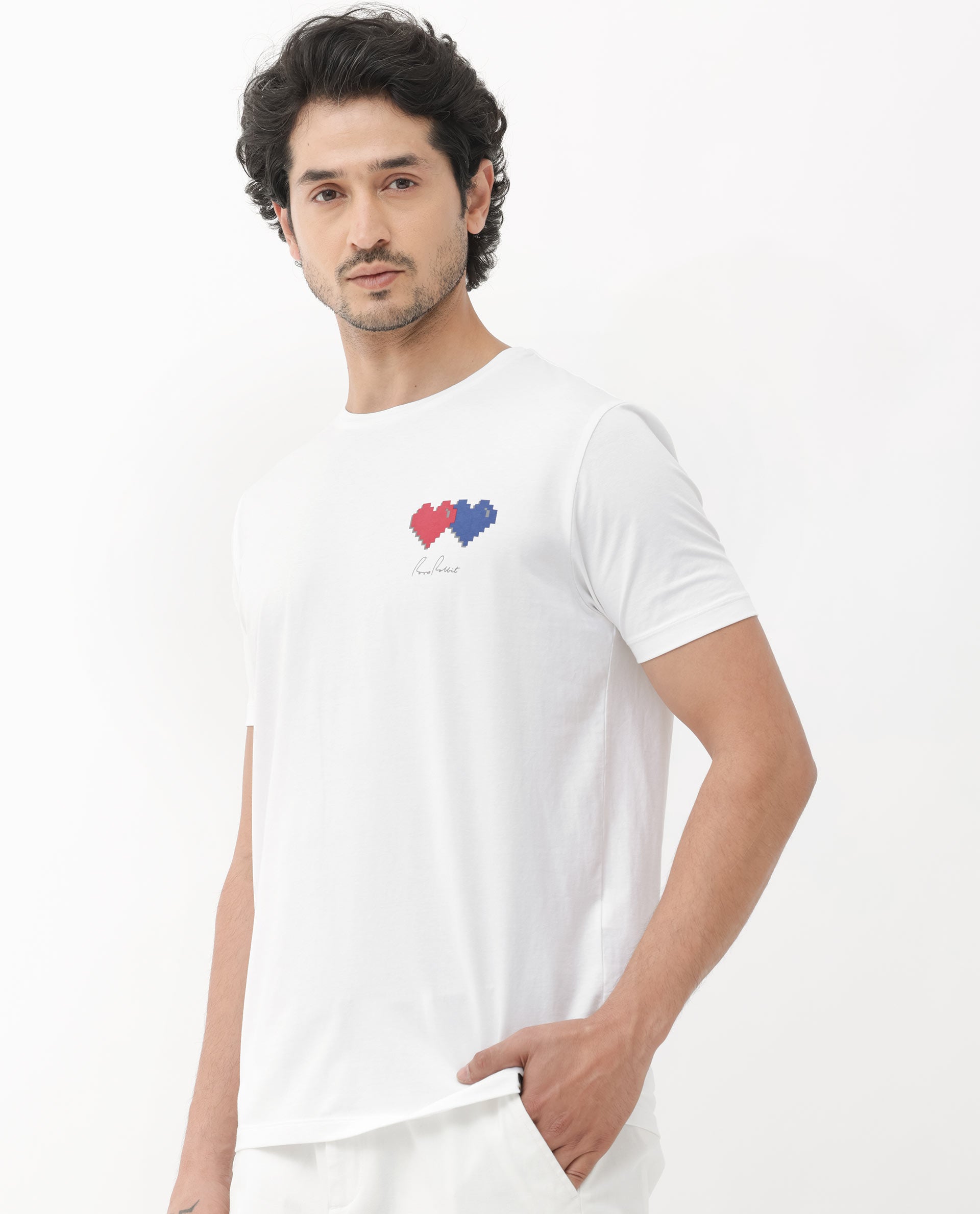 Rare Rabbit Mens Aorta-1 White Cotton Lycra Fabric Short Sleeve Skinny Fit Graphic Print T-Shirt