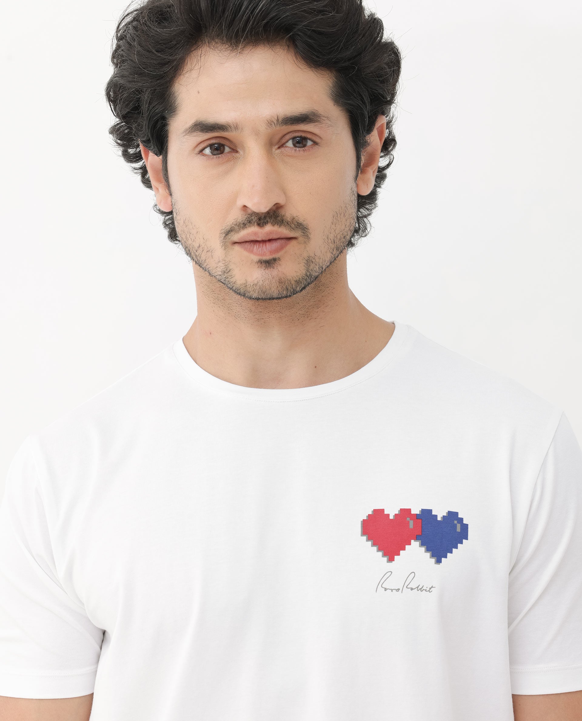 Rare Rabbit Mens Aorta-1 White Cotton Lycra Fabric Short Sleeve Skinny Fit Graphic Print T-Shirt