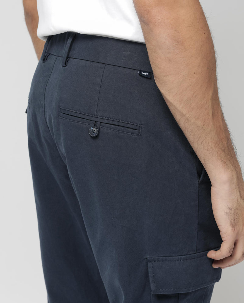 Rare Rabbit Mens Apex Navy Cotton Linen Solid Cargo Style Regular Fit Trouser