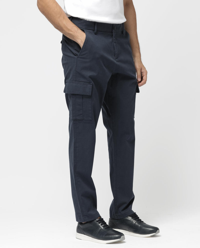 Rare Rabbit Mens Apex Navy Cotton Linen Solid Cargo Style Regular Fit Trouser