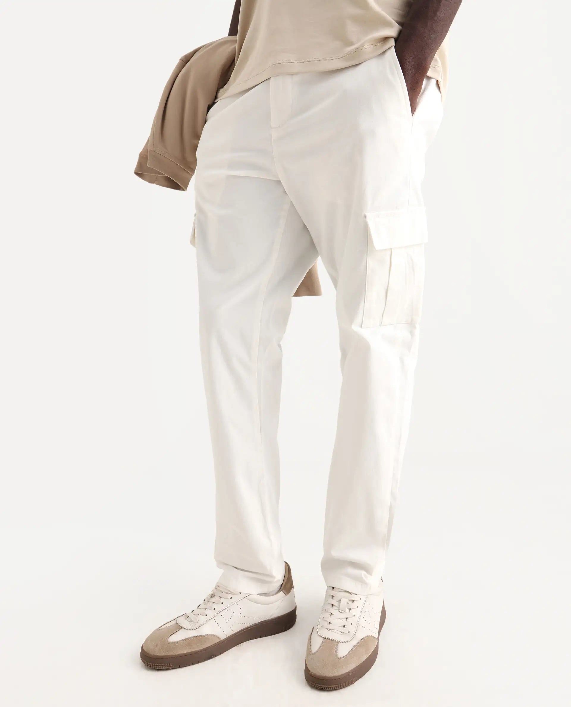 Rare Rabbit Men's Apex Light White Linen Plain Regular Fit Trouser