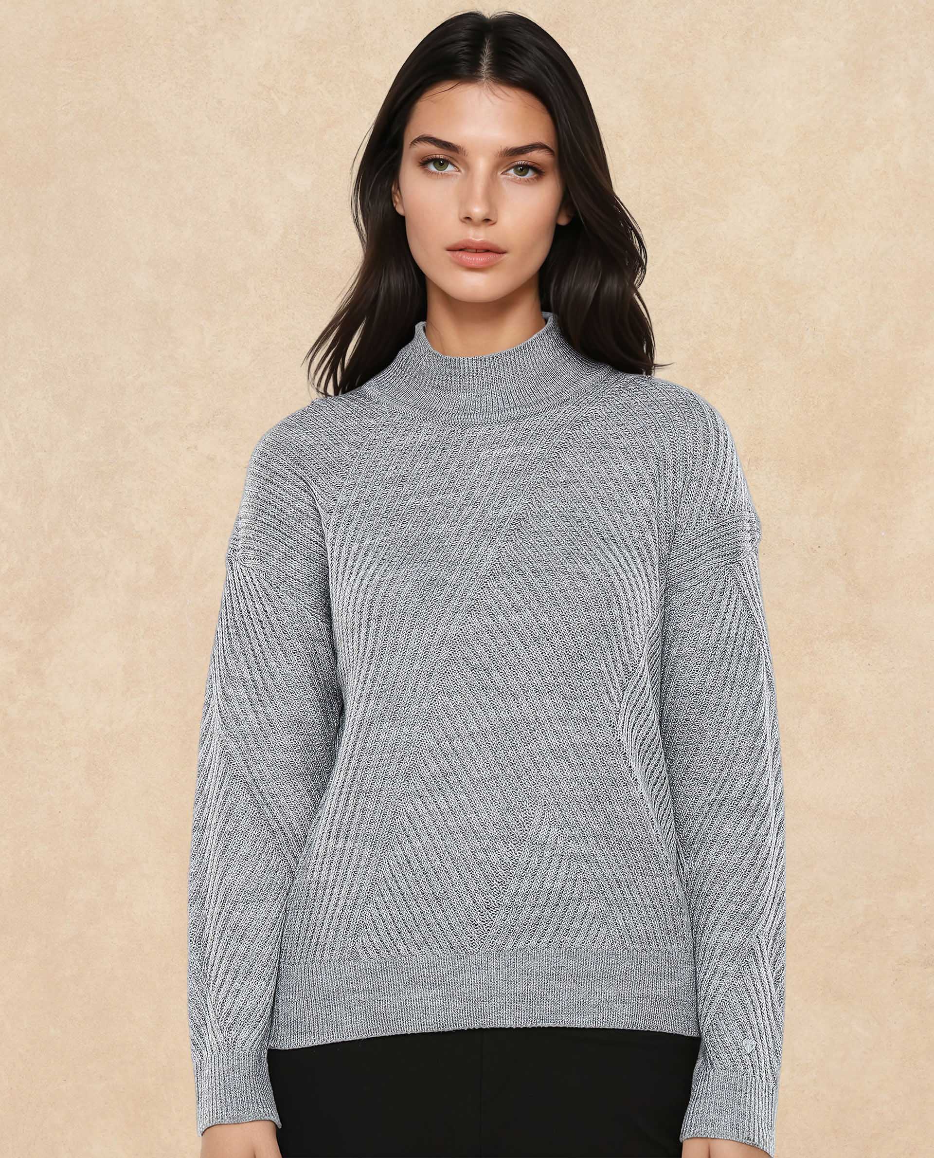 Rareism Women's Apole Grey Acrylic High Neck Plain Regular Fit Sweater