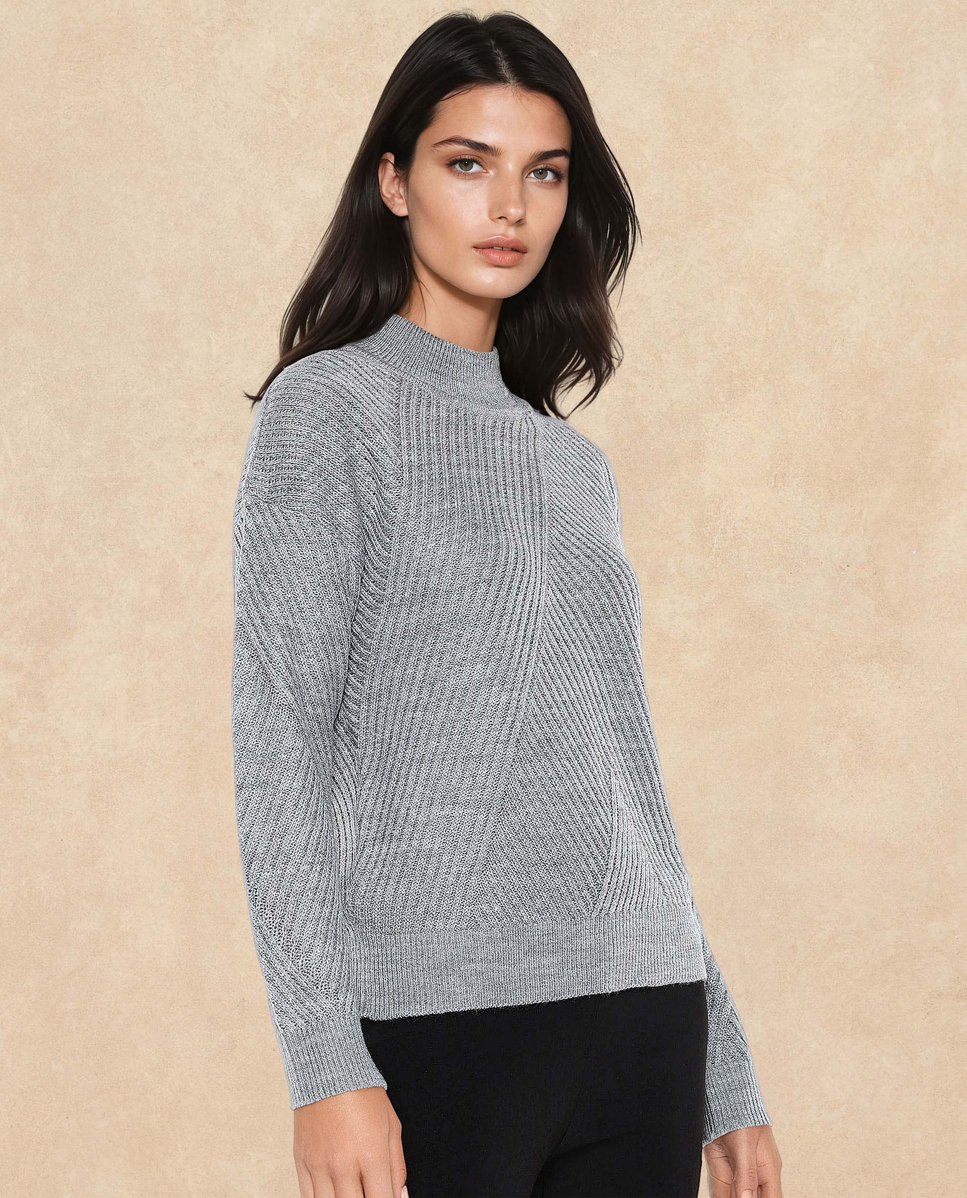 Rareism Women Apole Grey Relaxed Fit Plain Sweater