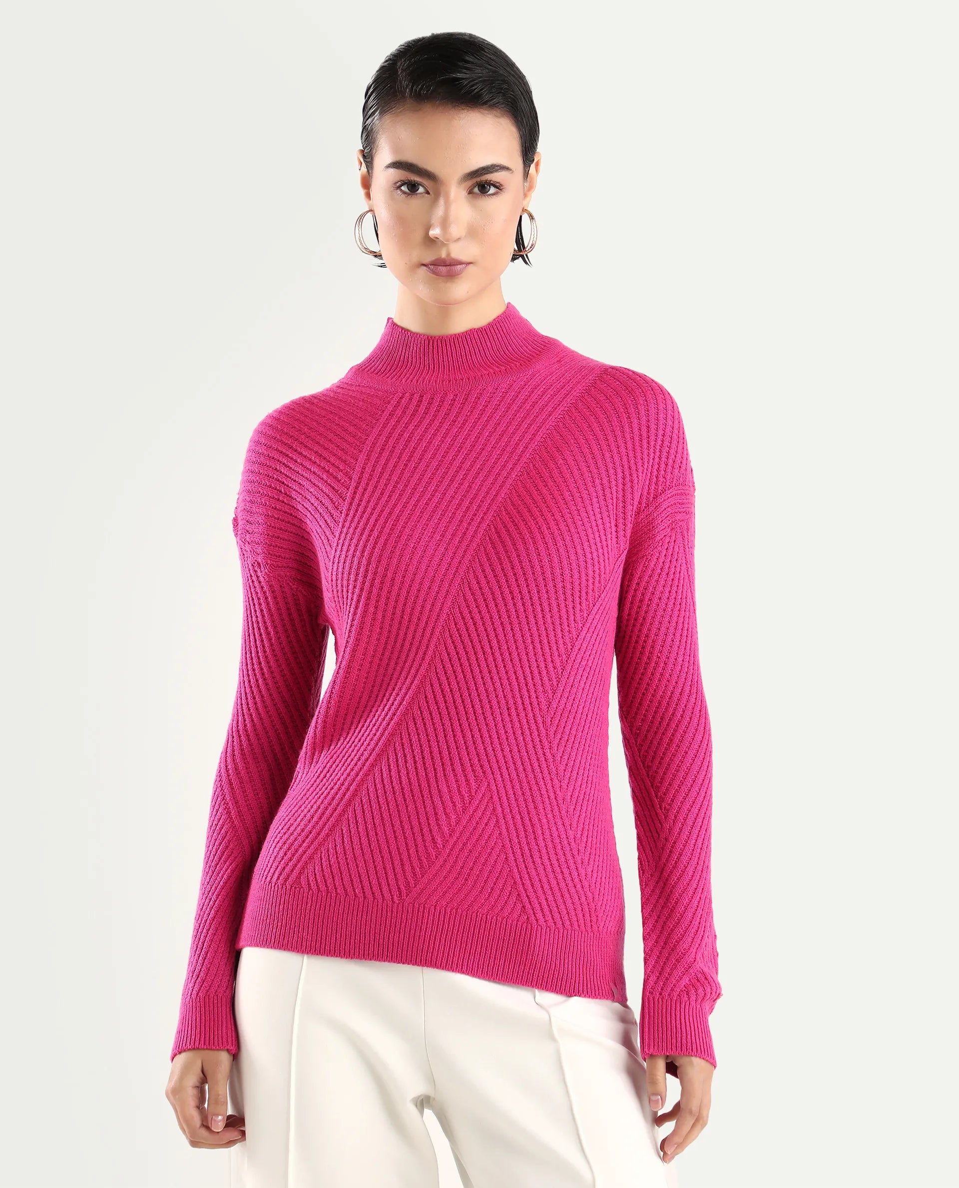 Rareism Women's Apole Pink Acrylic High Neck Plain Regular Fit Sweater