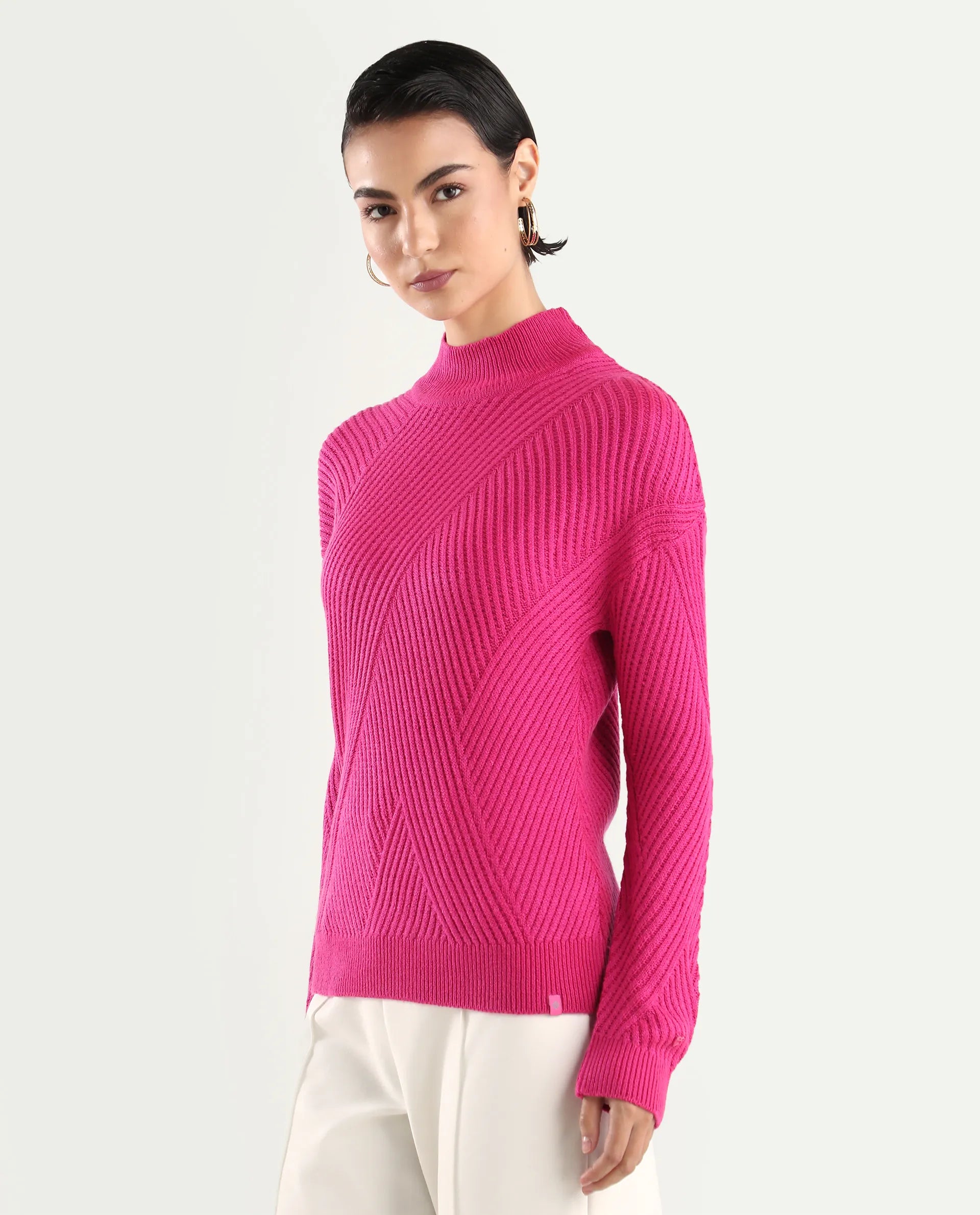 Rareism Women's Apole Pink Acrylic High Neck Plain Regular Fit Sweater