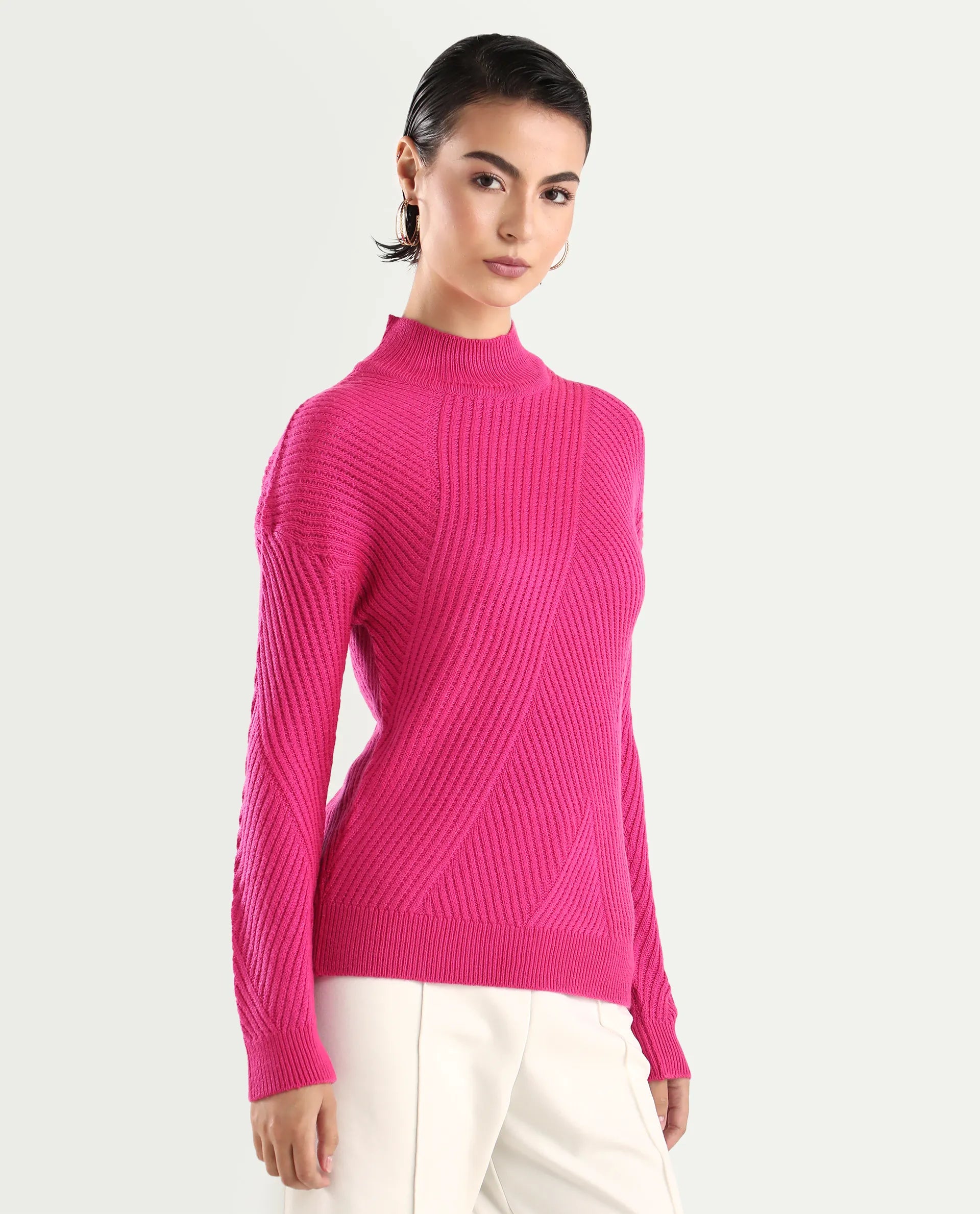 Rareism Women's Apole Pink Acrylic High Neck Plain Regular Fit Sweater