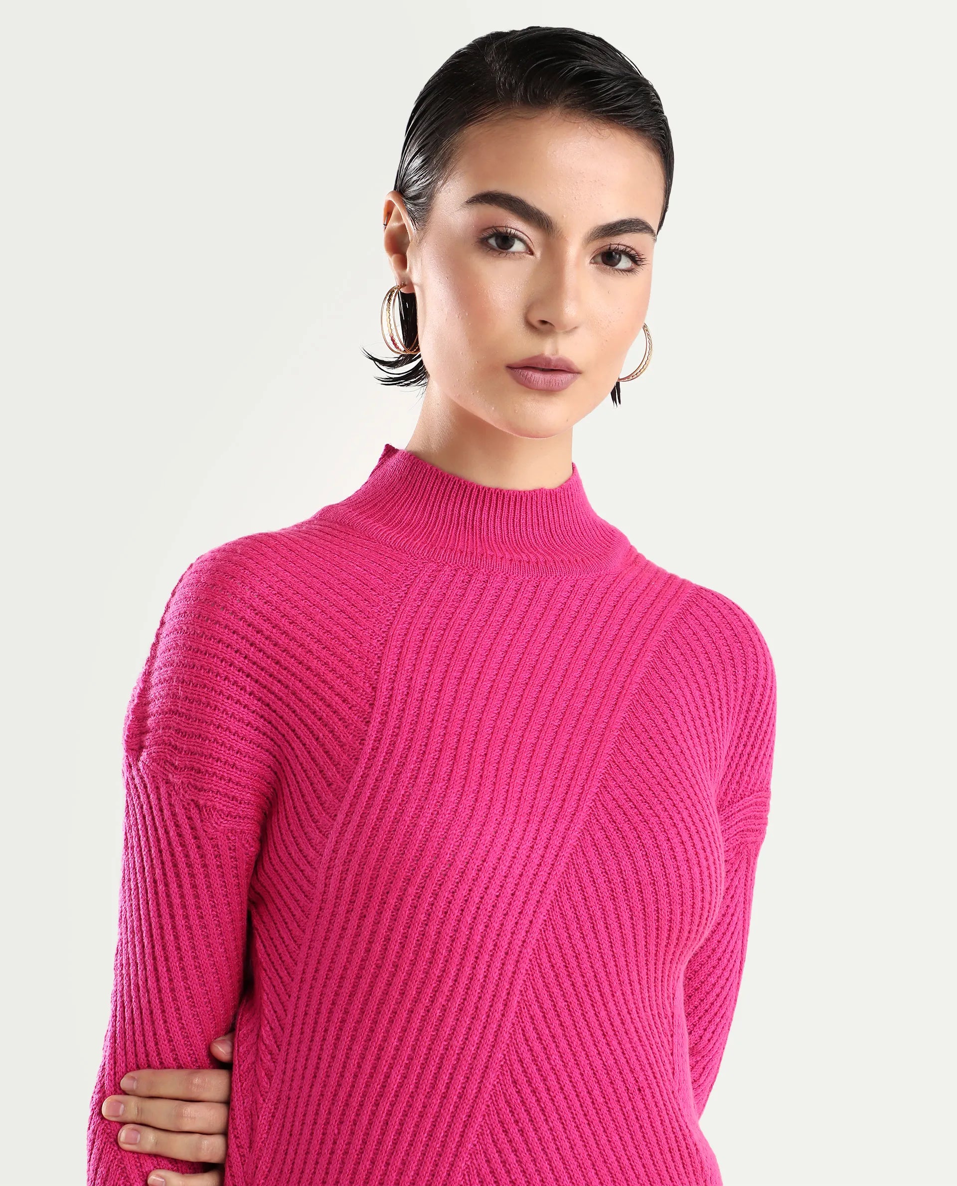 Rareism Women's Apole Pink Acrylic High Neck Plain Regular Fit Sweater