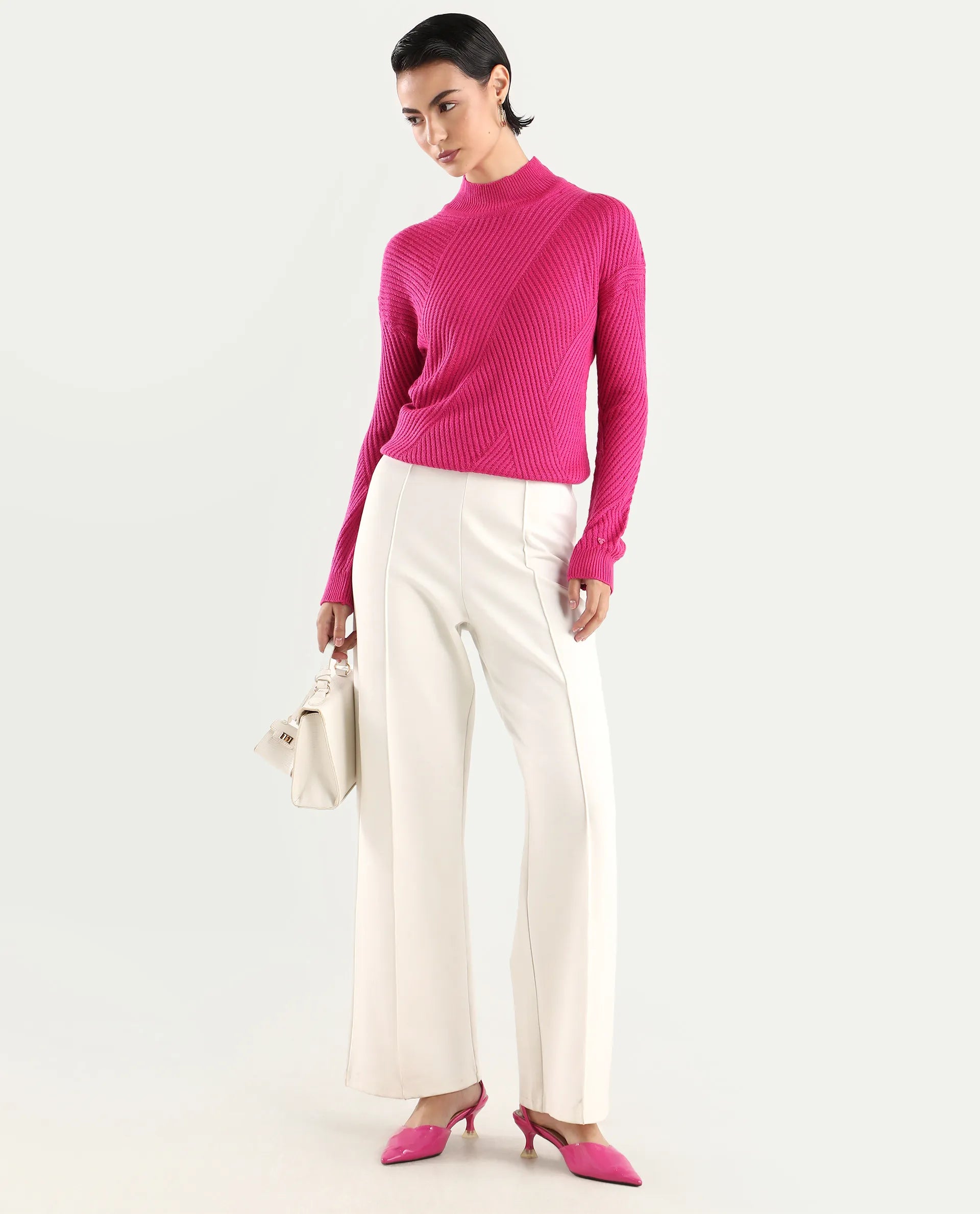 Rareism Women's Apole Pink Acrylic High Neck Plain Regular Fit Sweater