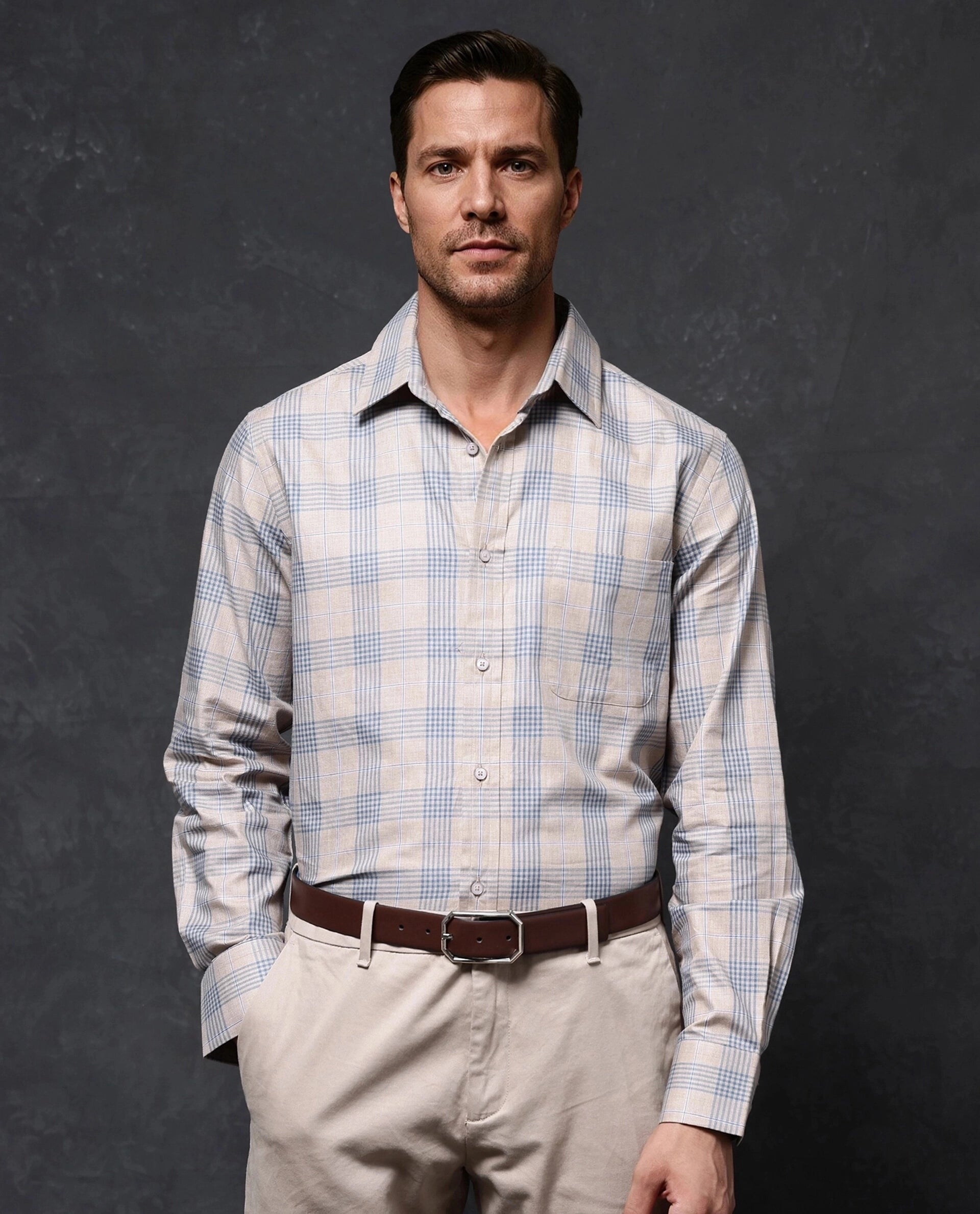 Rare Rabbit Men Aporo Beige Cotton Fabric Full Sleeve Regular Fit Checks Shirt