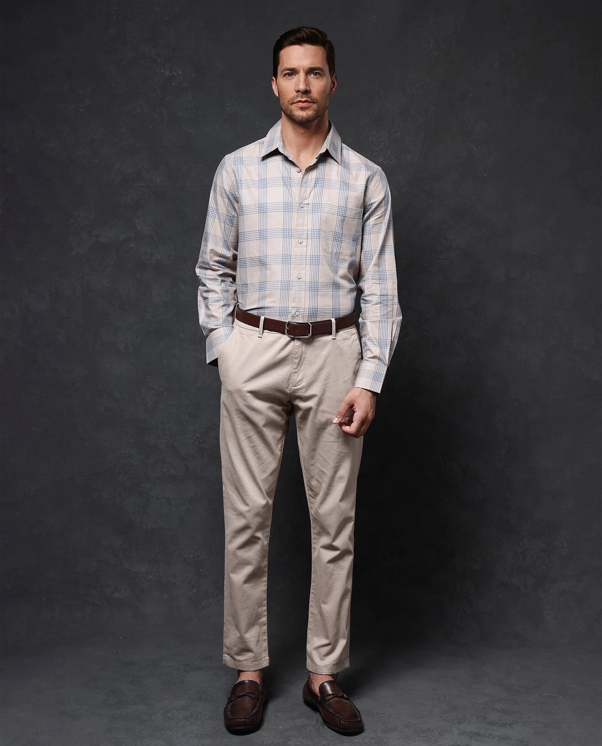 Rare Rabbit Men Aporo Beige Cotton Fabric Full Sleeve Regular Fit Checks Shirt