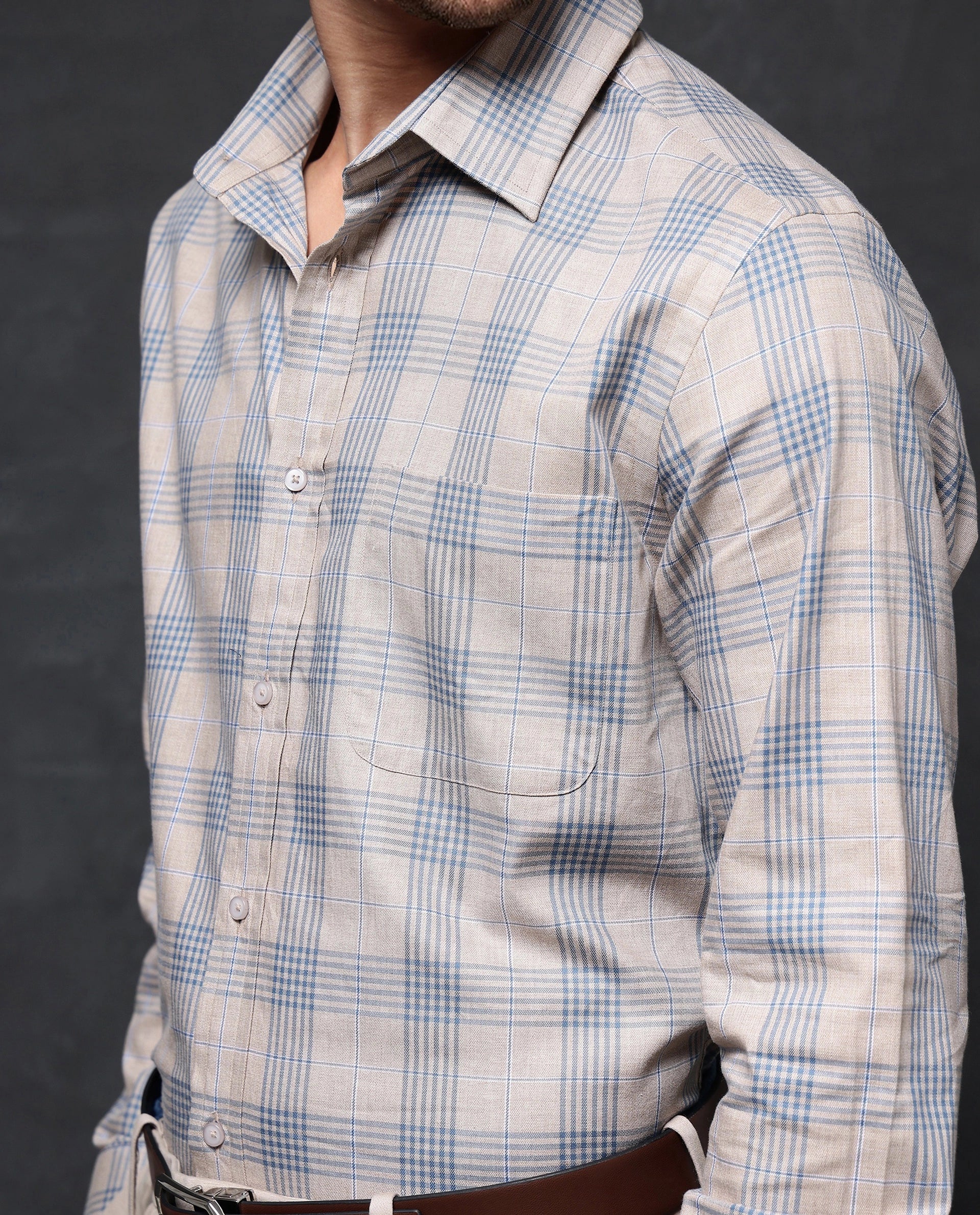 Rare Rabbit Men Aporo Beige Cotton Fabric Full Sleeve Regular Fit Checks Shirt