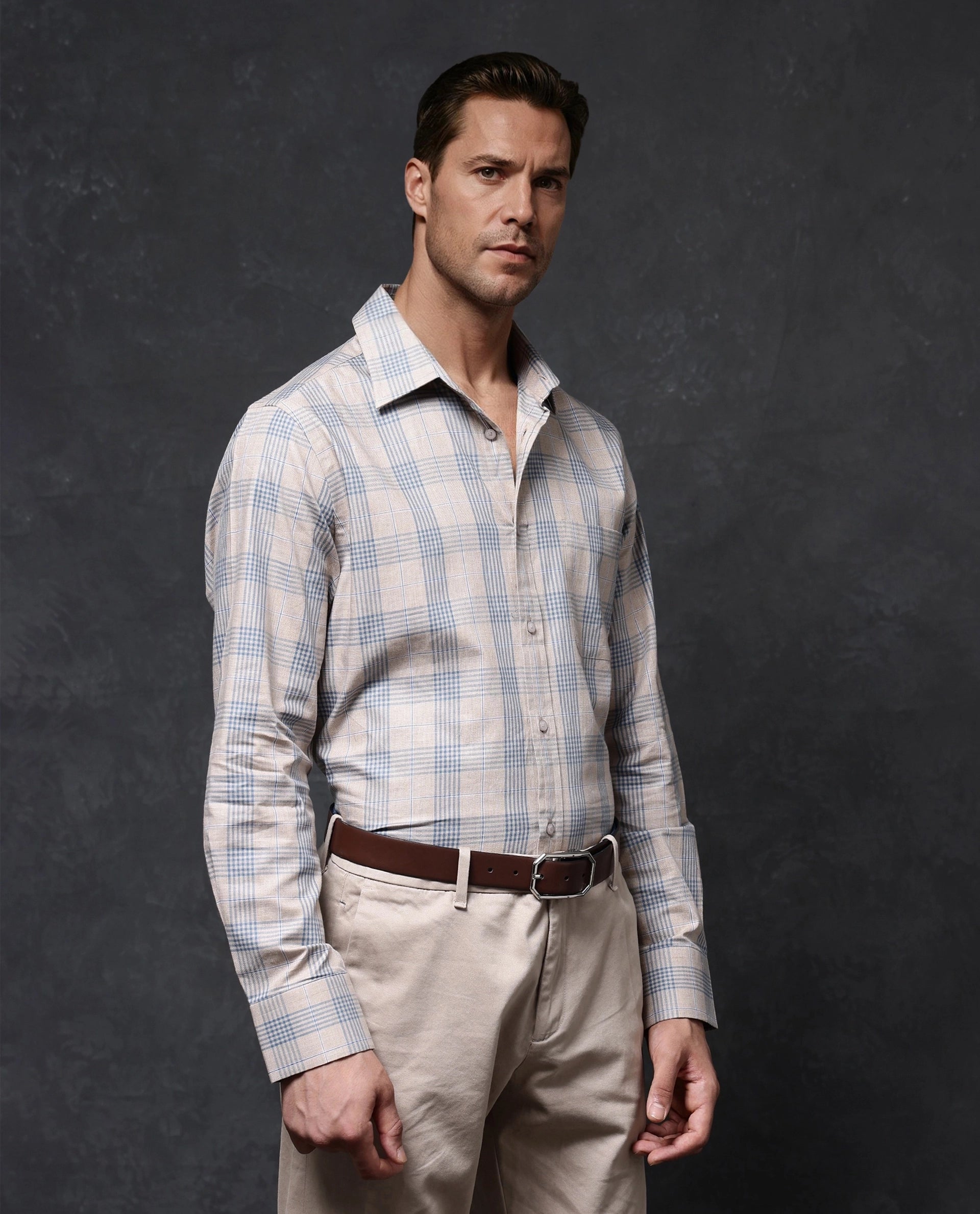 Rare Rabbit Men Aporo Beige Cotton Fabric Full Sleeve Regular Fit Checks Shirt