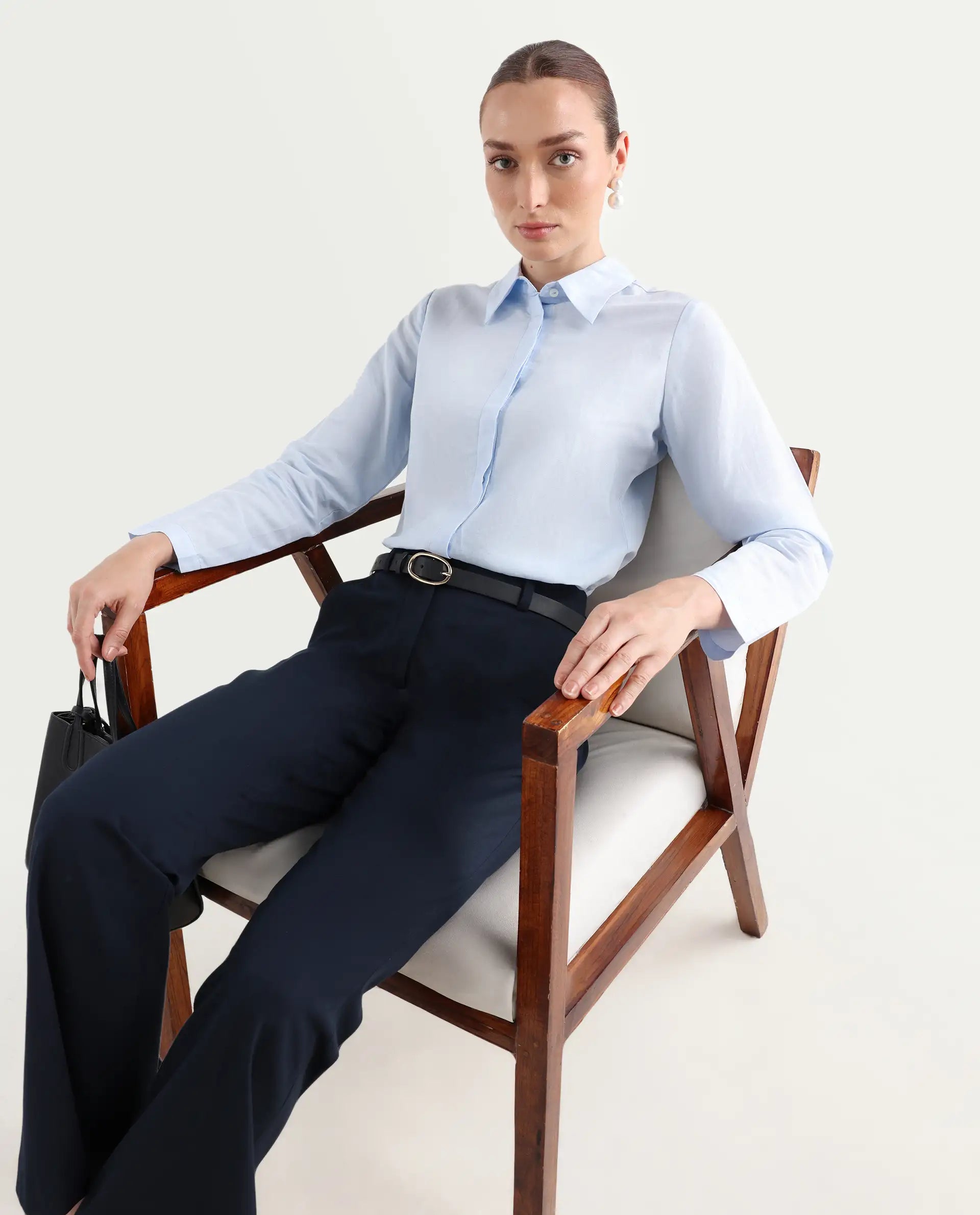 Rareism Women's Appleby Blue Modal Blend Drop Collar Plain Cuffed Sleeve Regular Fit Shirt