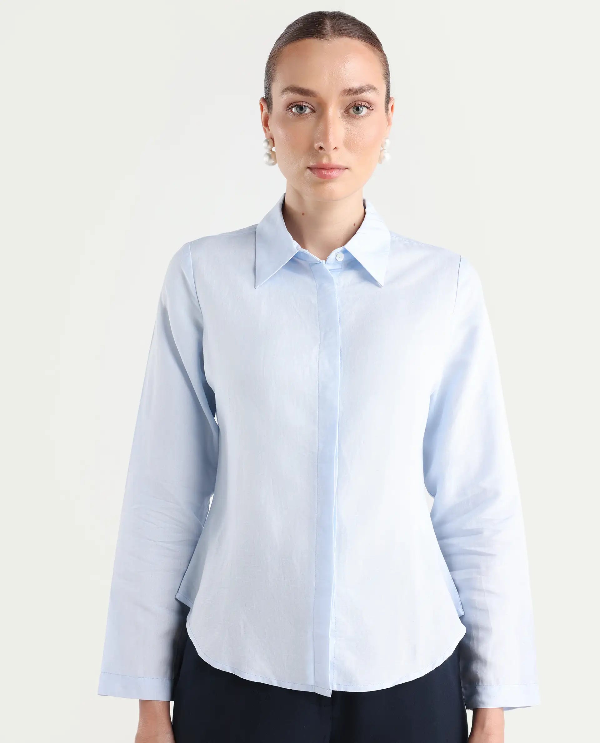 Rareism Women's Appleby Blue Modal Blend Drop Collar Plain Cuffed Sleeve Regular Fit Shirt
