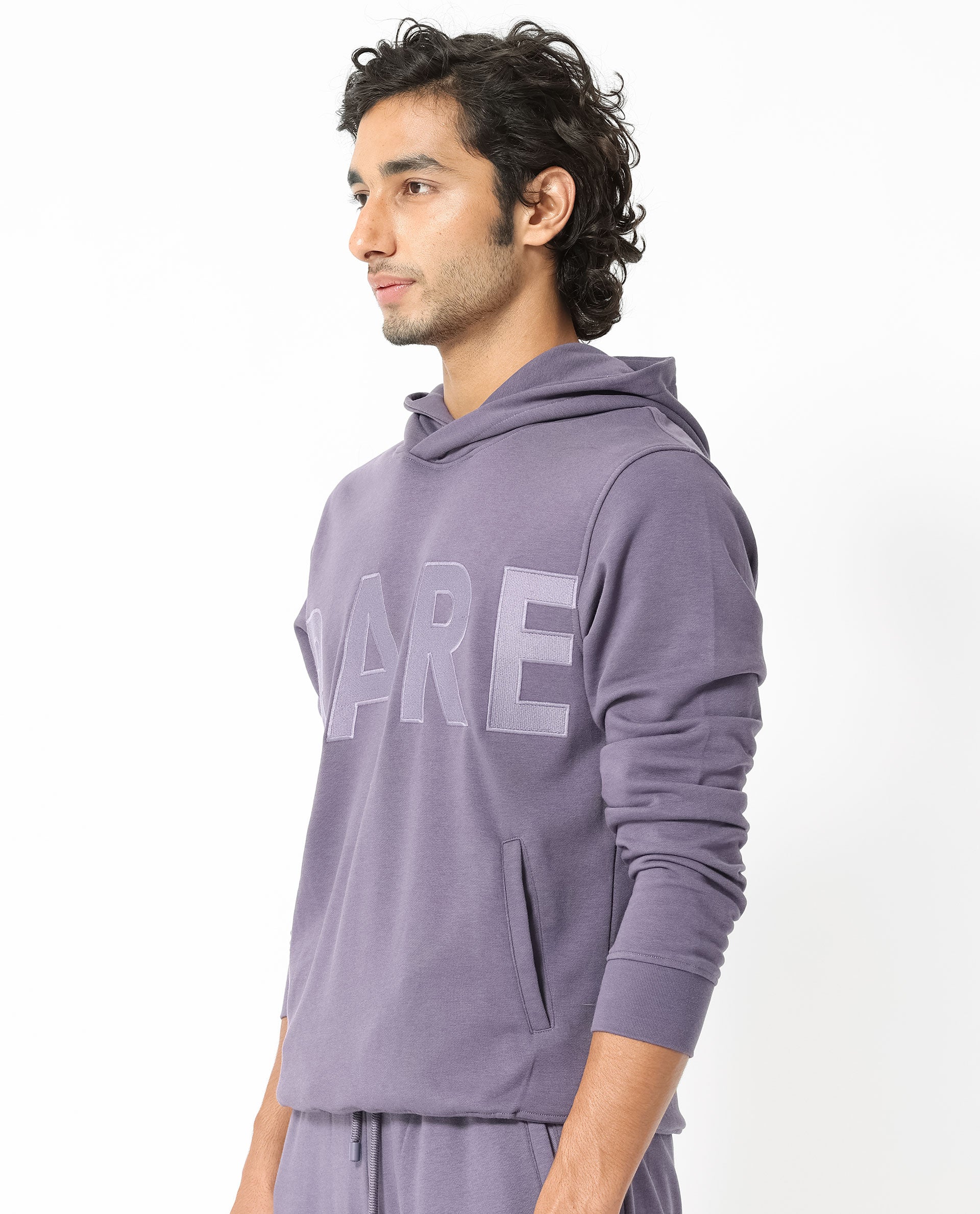 Rare Rabbit Men's April Purple Cotton Polyester Fabric Full Sleeves Embroidery Graphic Print Hooded Sweatshirt
