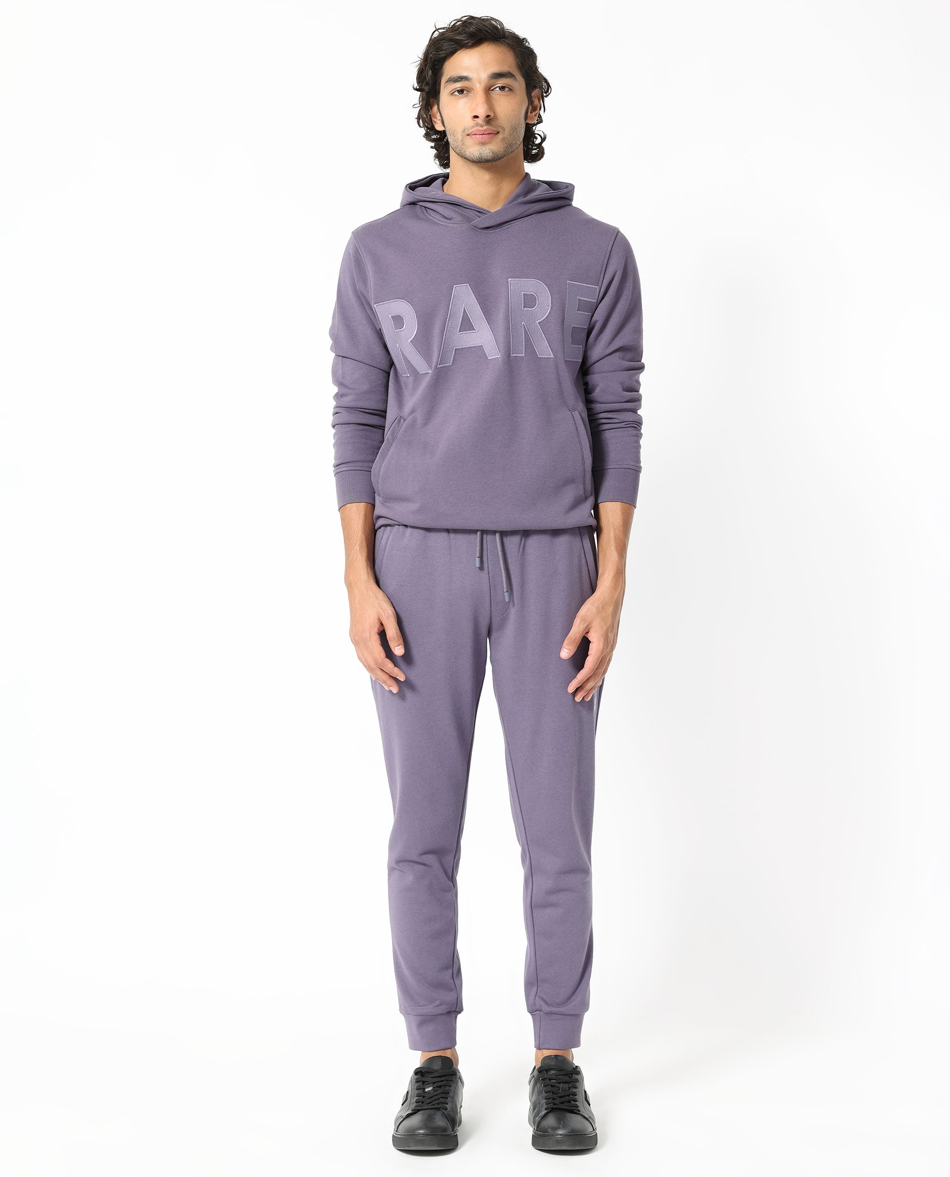 Rare Rabbit Men's April Purple Cotton Polyester Fabric Full Sleeves Embroidery Graphic Print Hooded Sweatshirt