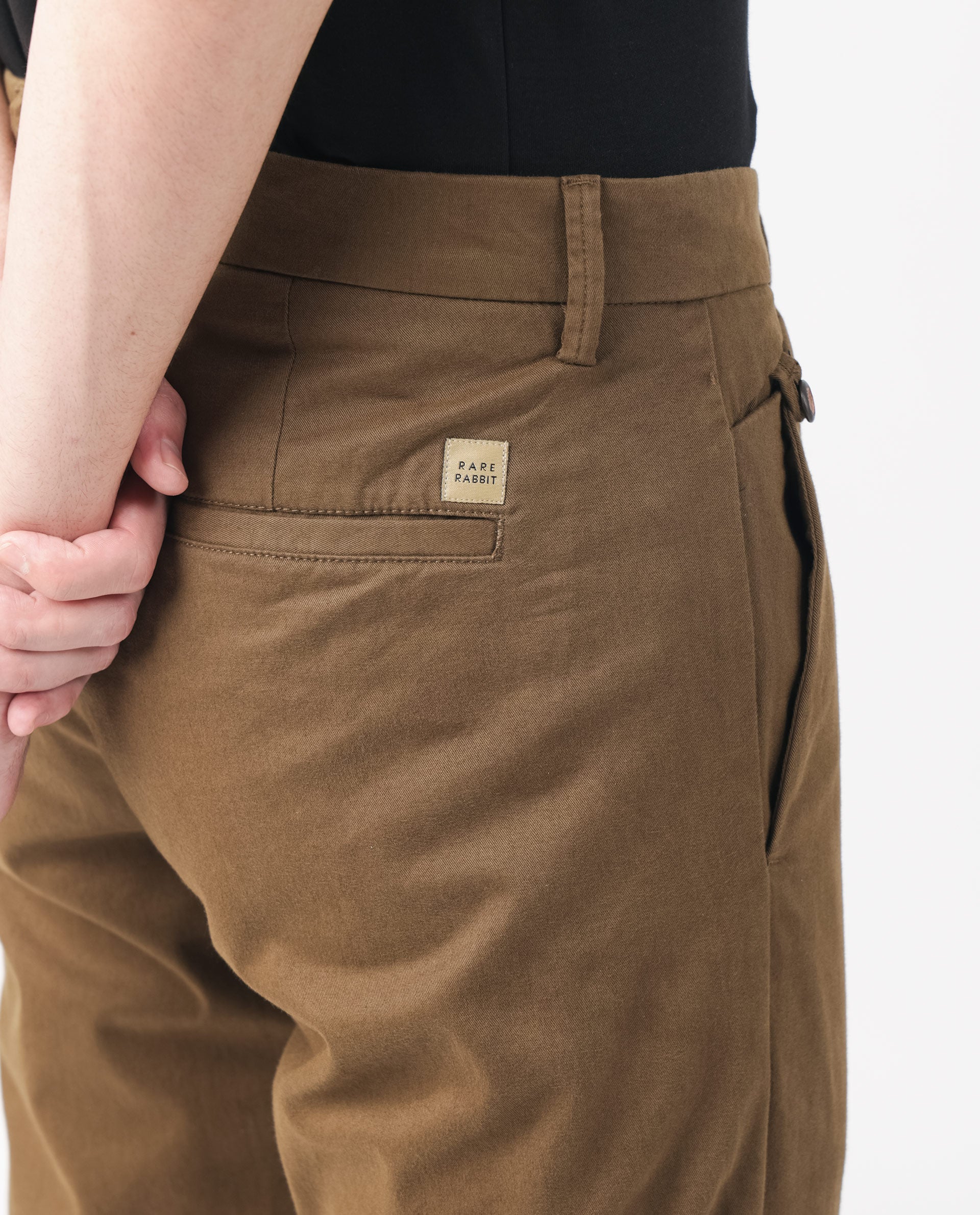 Rare Rabbit Men's Aps Brown Solid Mid-Rise Regular Fit Stretch Trouser