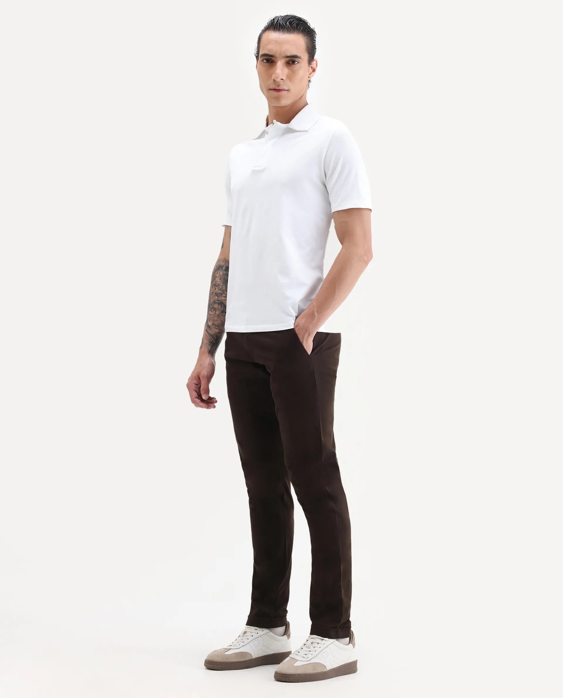 Rare Rabbit Men's Aps Coffee Cotton Plain Regular Fit Trouser