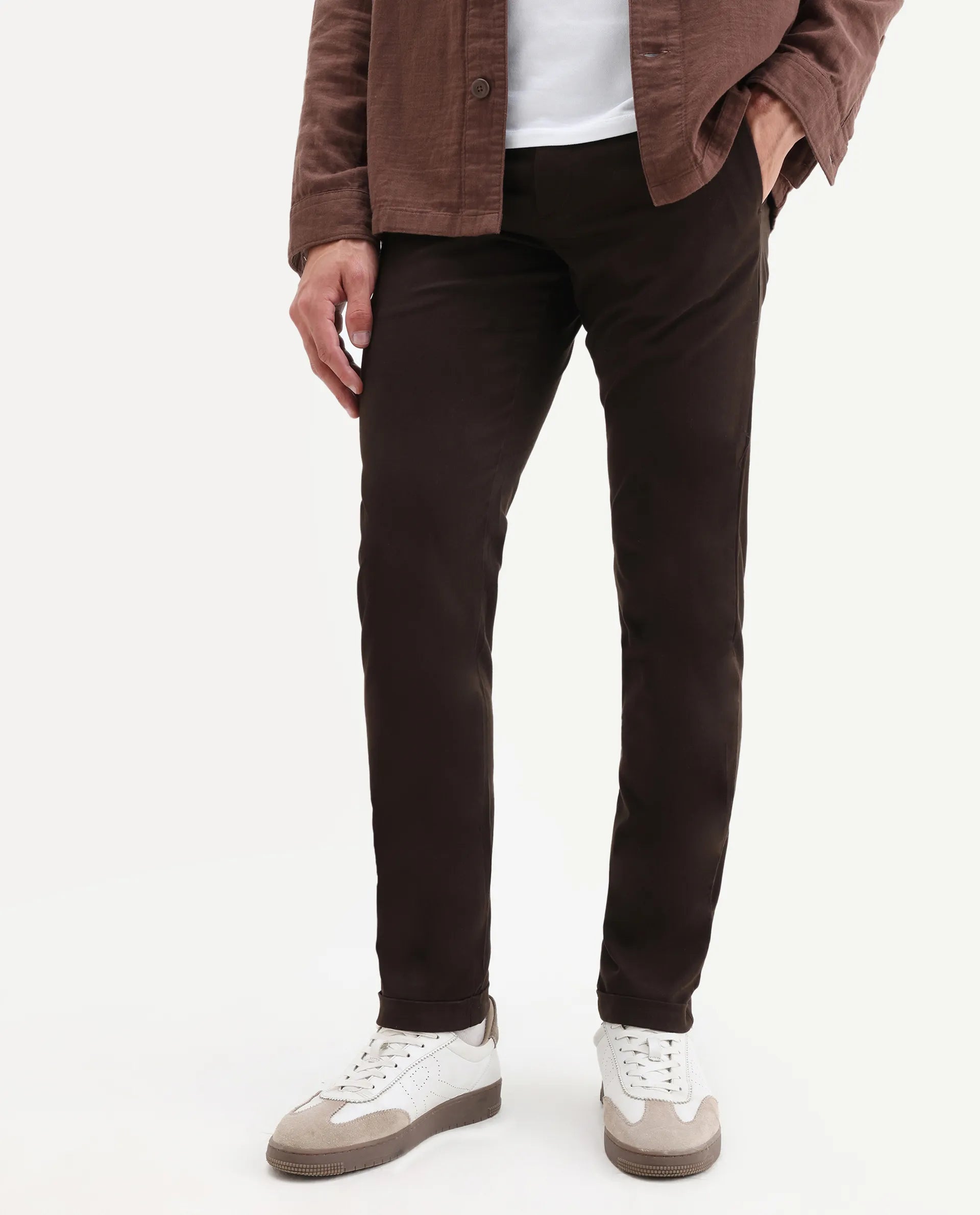 Rare Rabbit Men's Aps Coffee Cotton Plain Regular Fit Trouser
