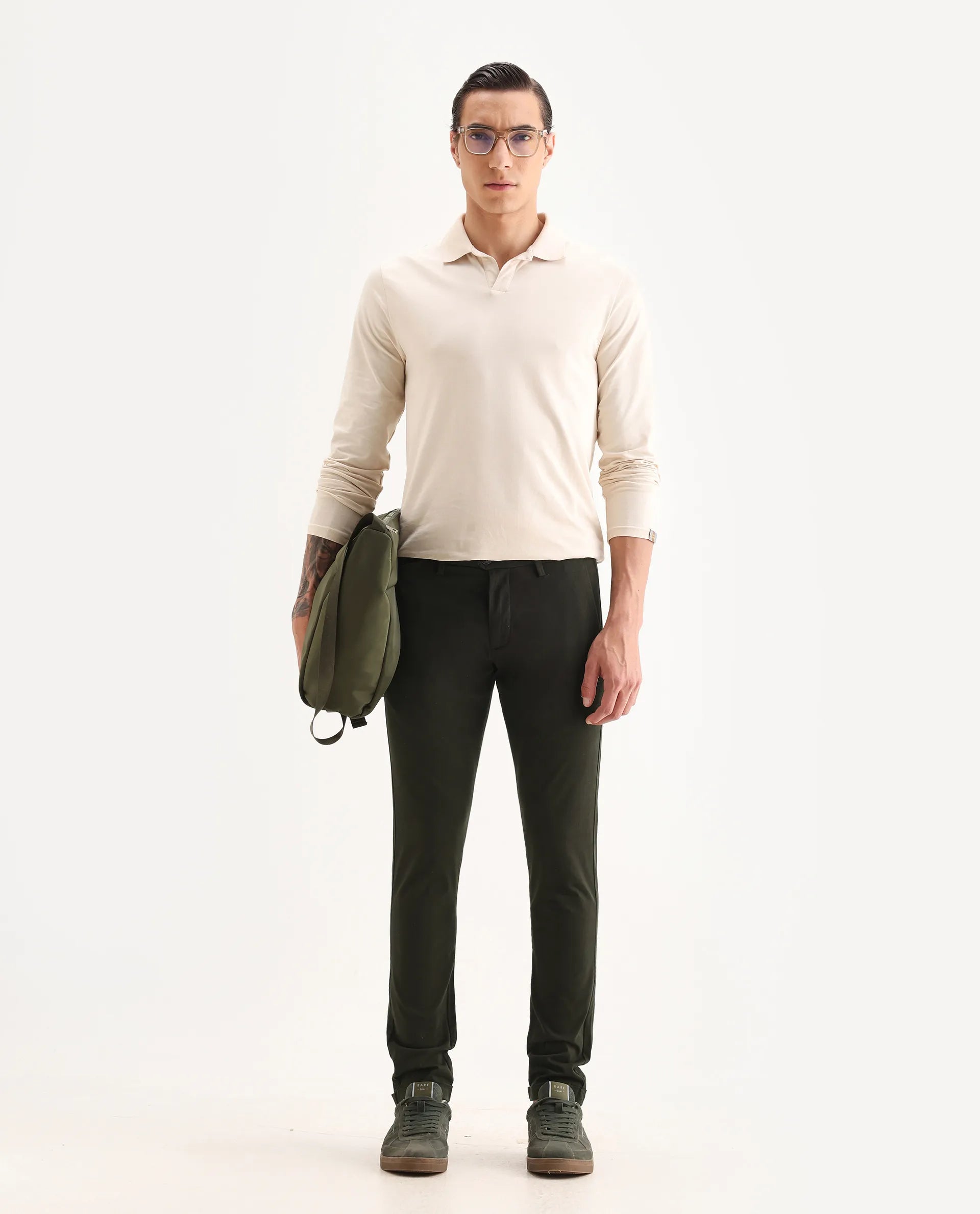 Rare Rabbit Men's Aps Dark Green Cotton Plain Regular Fit Trouser