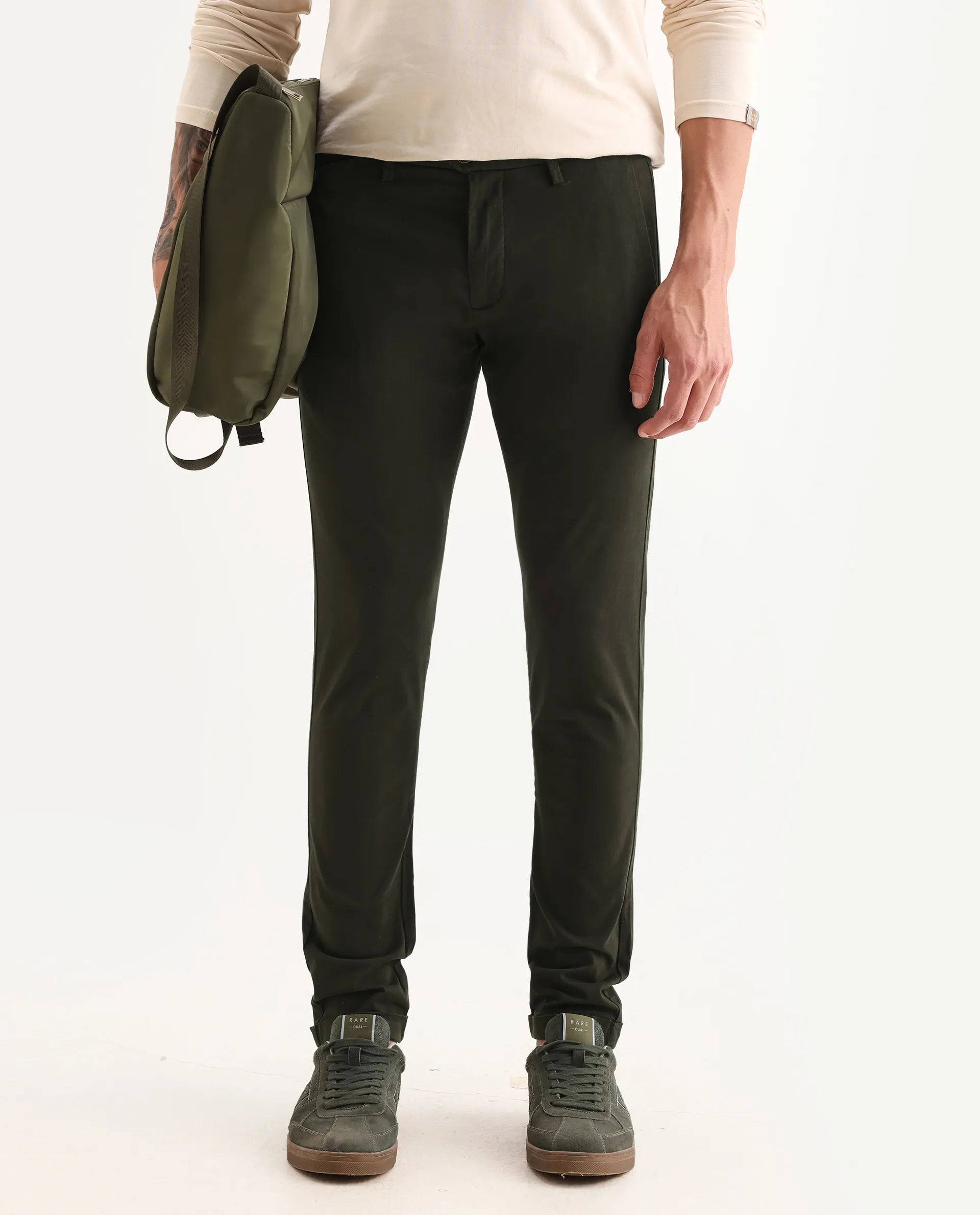 Rare Rabbit Men's Aps Dark Green Cotton Plain Regular Fit Trouser