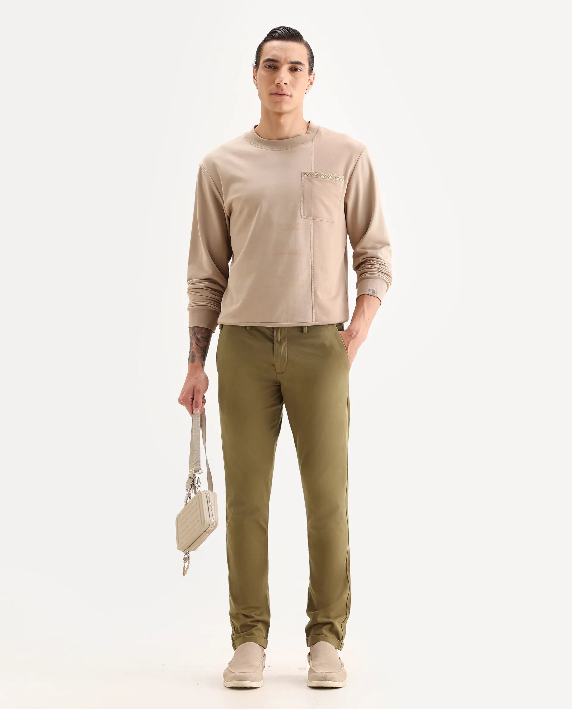 Rare Rabbit Men's Aps Dark Olive Cotton Plain Regular Fit Trouser