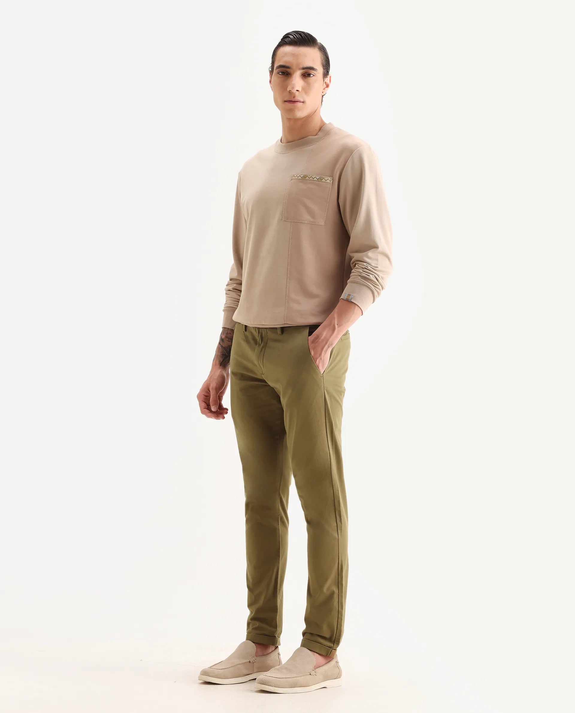 Rare Rabbit Men's Aps Dark Olive Cotton Plain Regular Fit Trouser