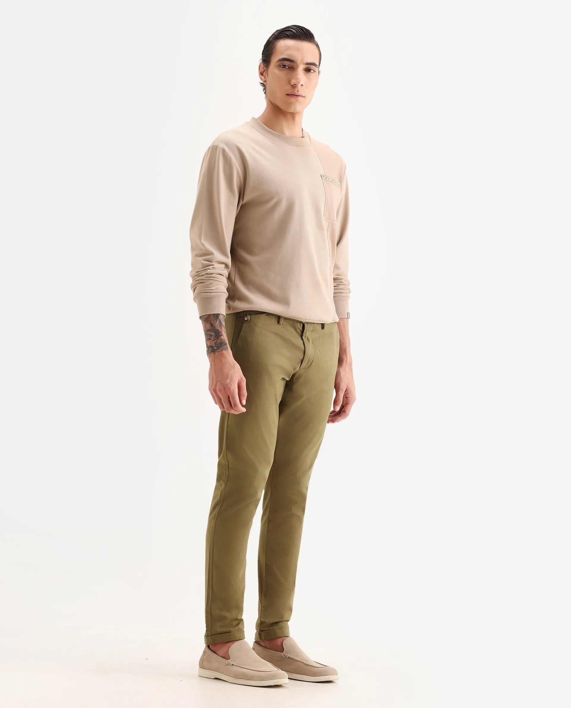 Rare Rabbit Men's Aps Dark Olive Cotton Plain Regular Fit Trouser