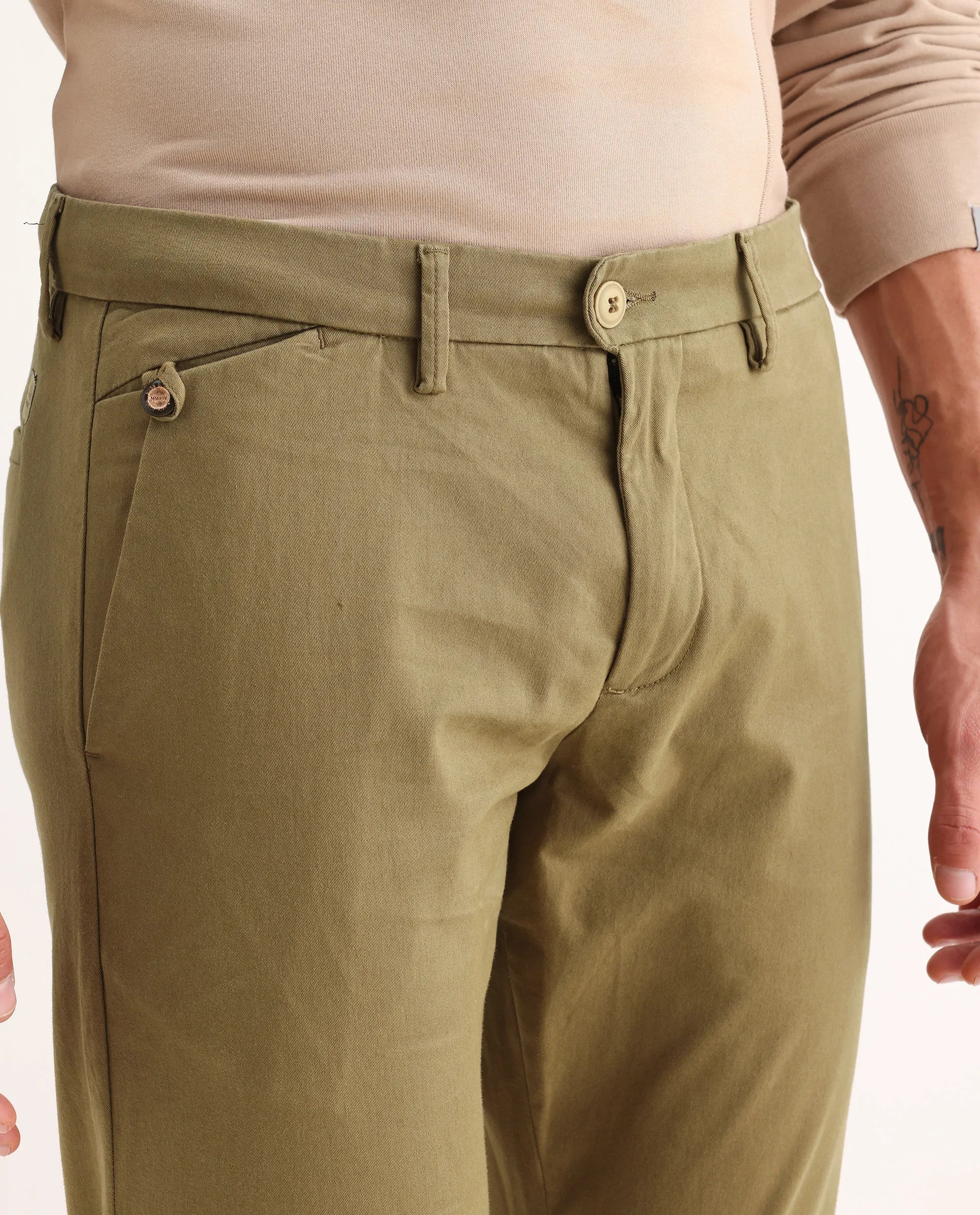 Rare Rabbit Men's Aps Dark Olive Cotton Plain Regular Fit Trouser