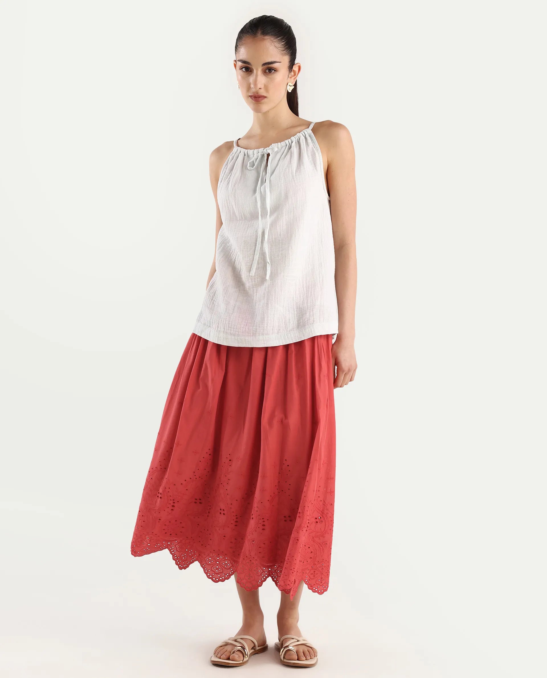 Rareism Women's Aracil Rust Cotton Plain Ankle Length Regular Fit Skirt