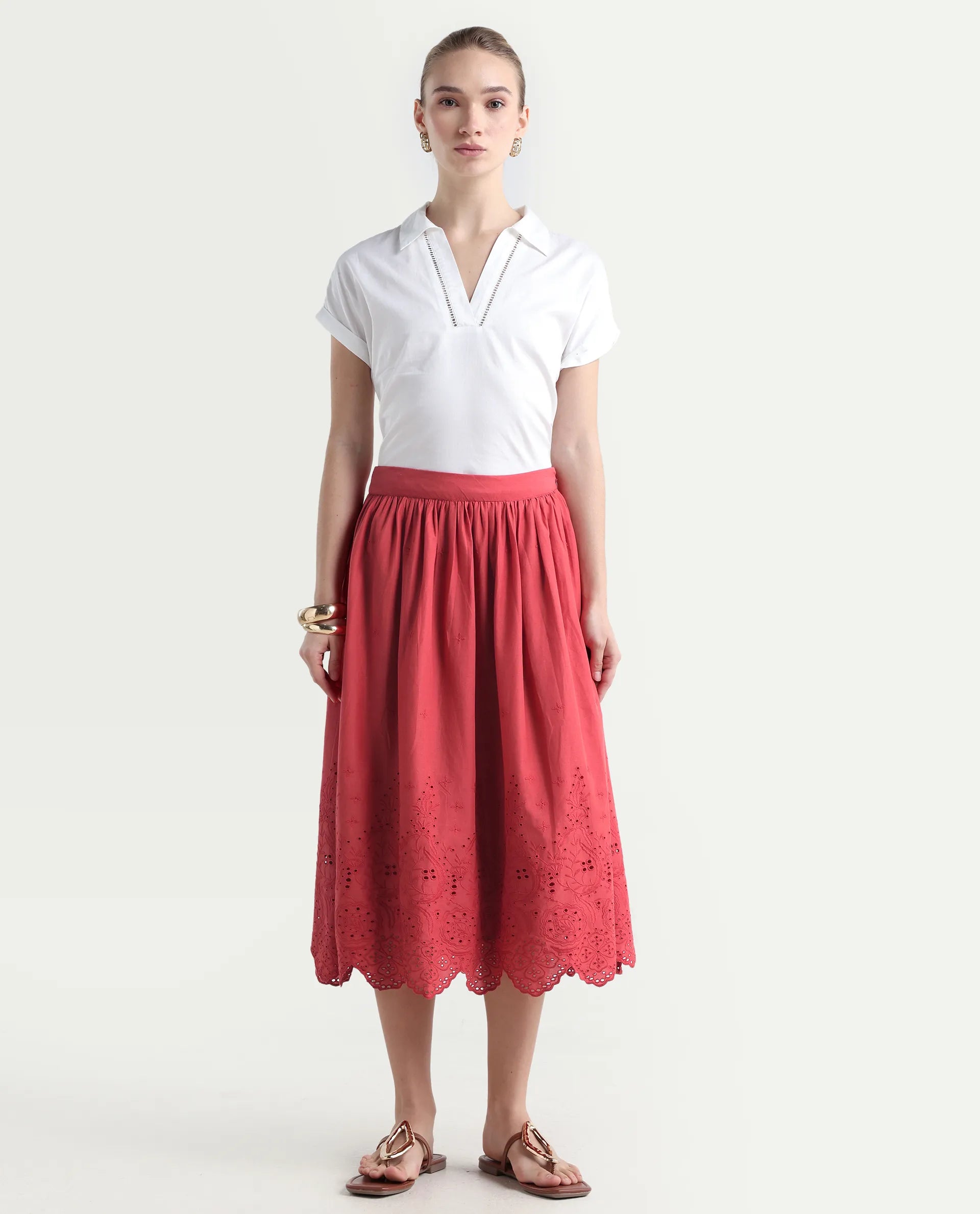 Rareism Women's Aracil Rust Cotton Plain Ankle Length Regular Fit Skirt