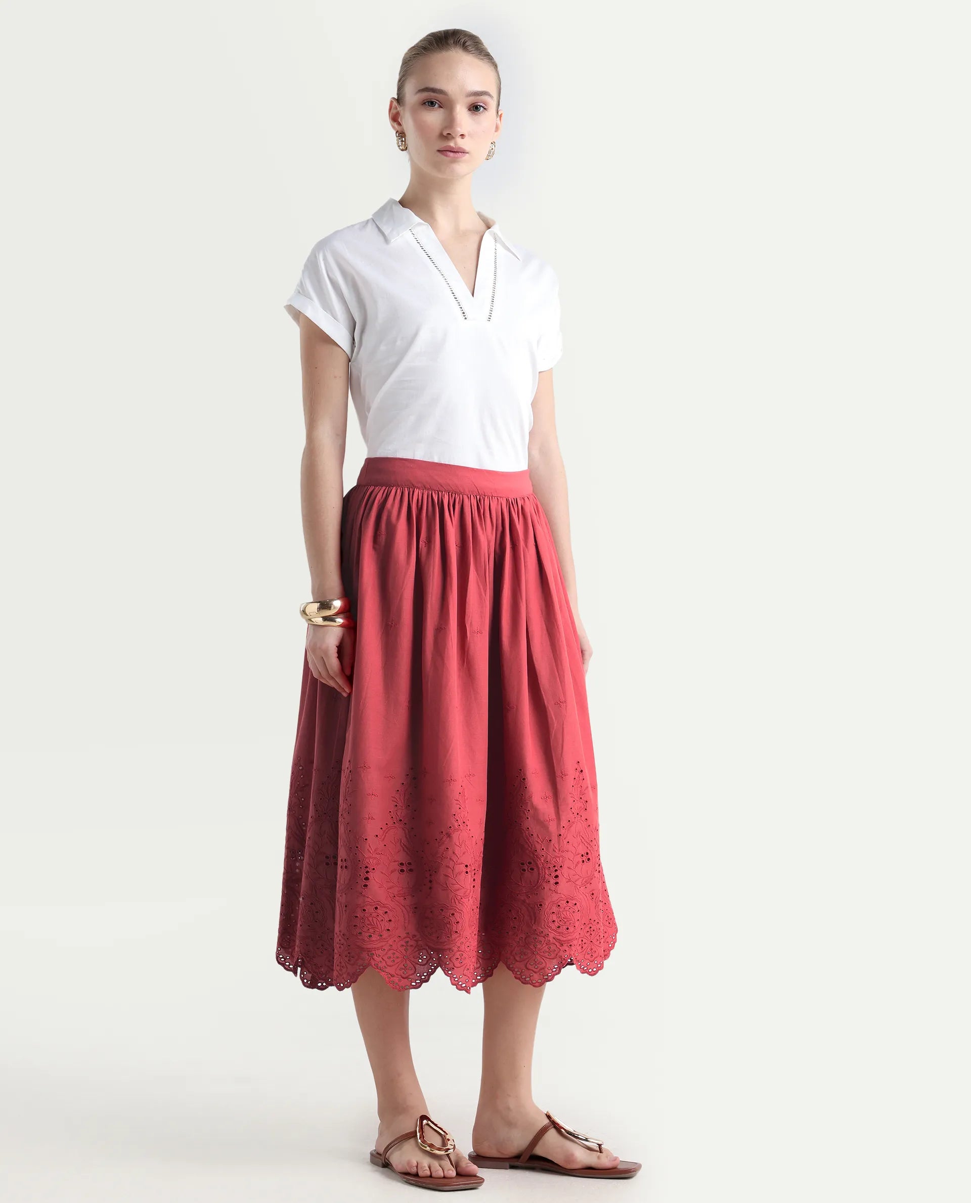 Rareism Women's Aracil Rust Cotton Plain Ankle Length Regular Fit Skirt