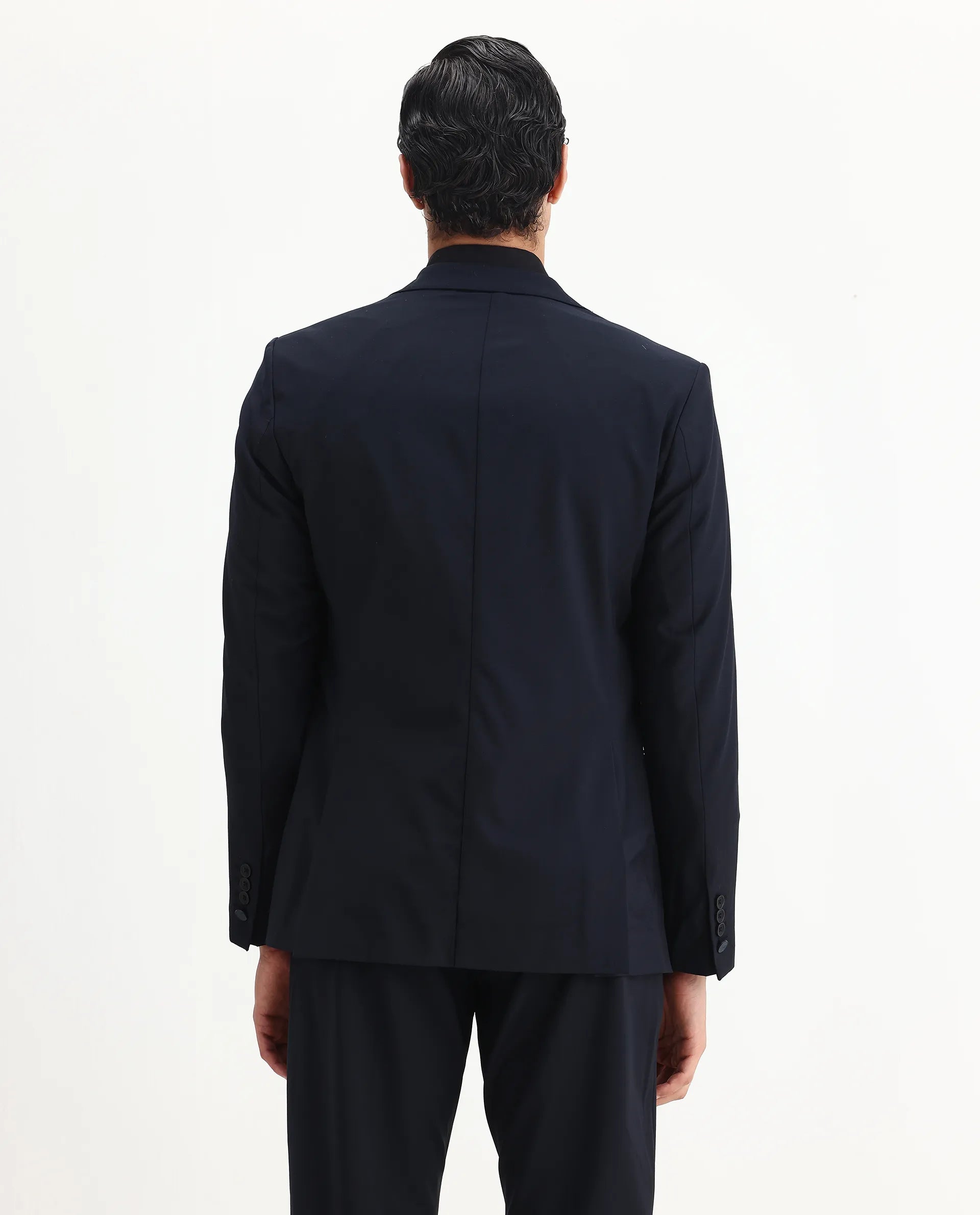 Rare Rabbit Men's Arbo-B Navy Polyester Plain Slim Fit Full Sleeve Lapel Neck Suits