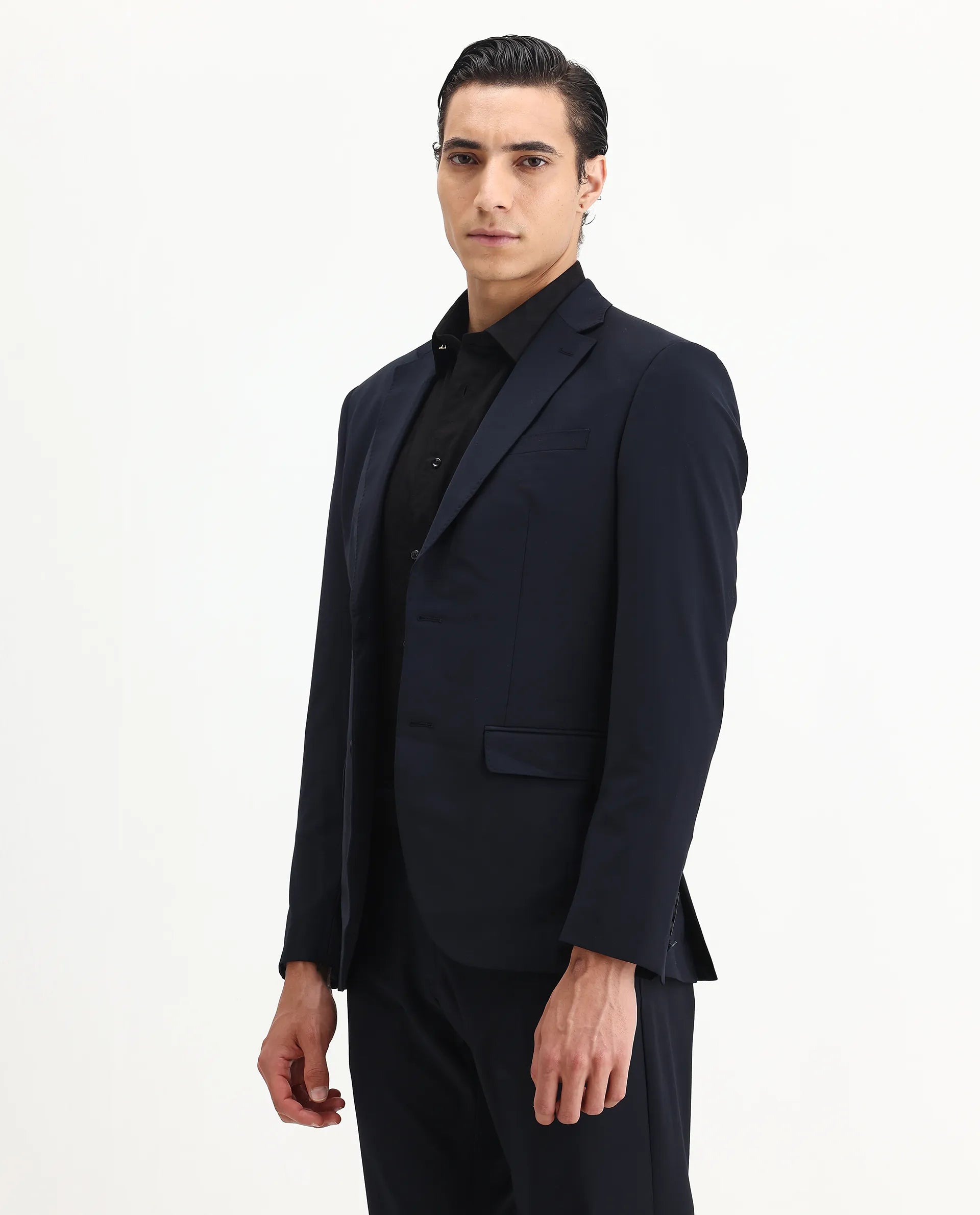 Rare Rabbit Men's Arbo-B Navy Polyester Plain Slim Fit Full Sleeve Lapel Neck Suits