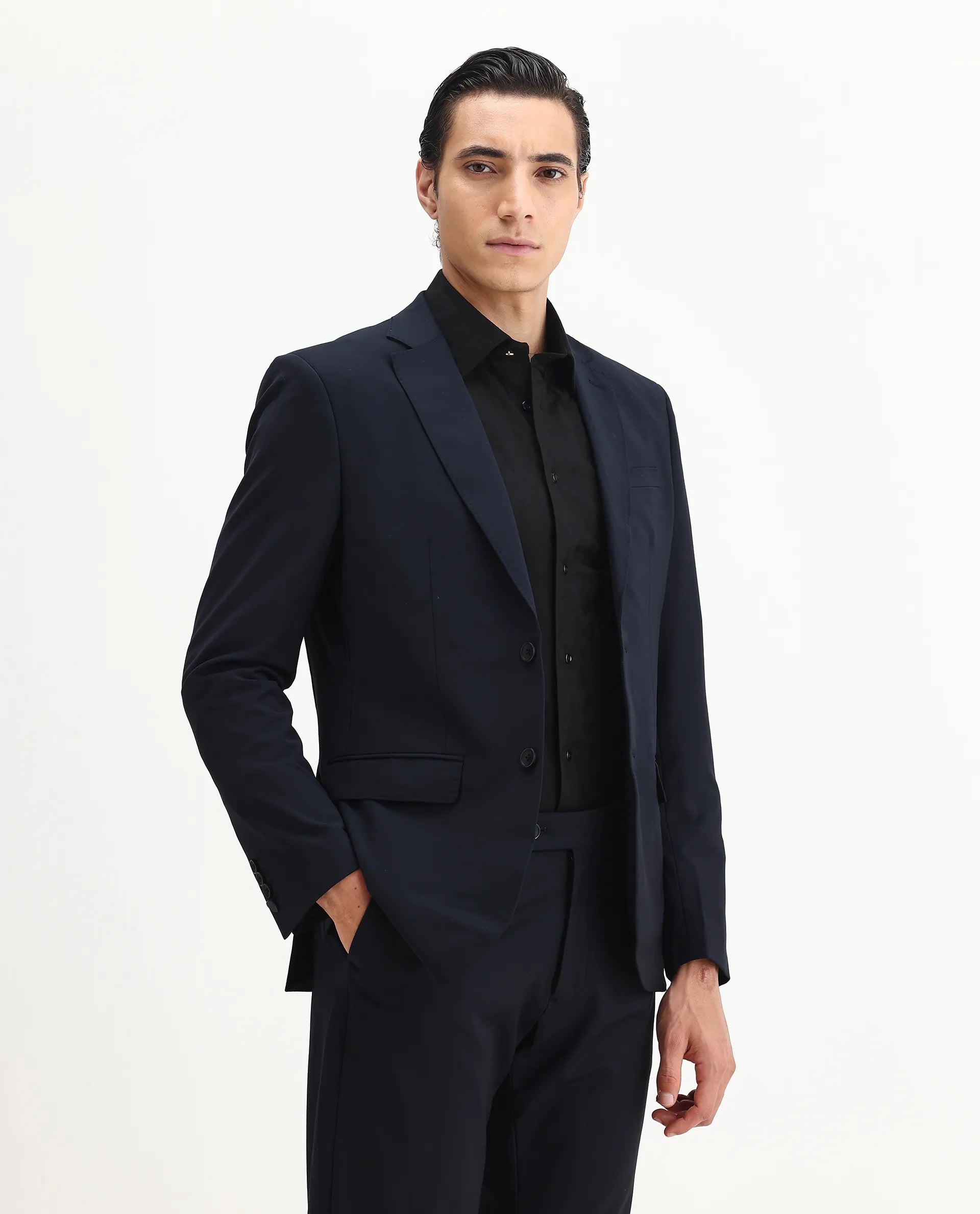 Rare Rabbit Men's Arbo-B Navy Polyester Plain Slim Fit Full Sleeve Lapel Neck Suits