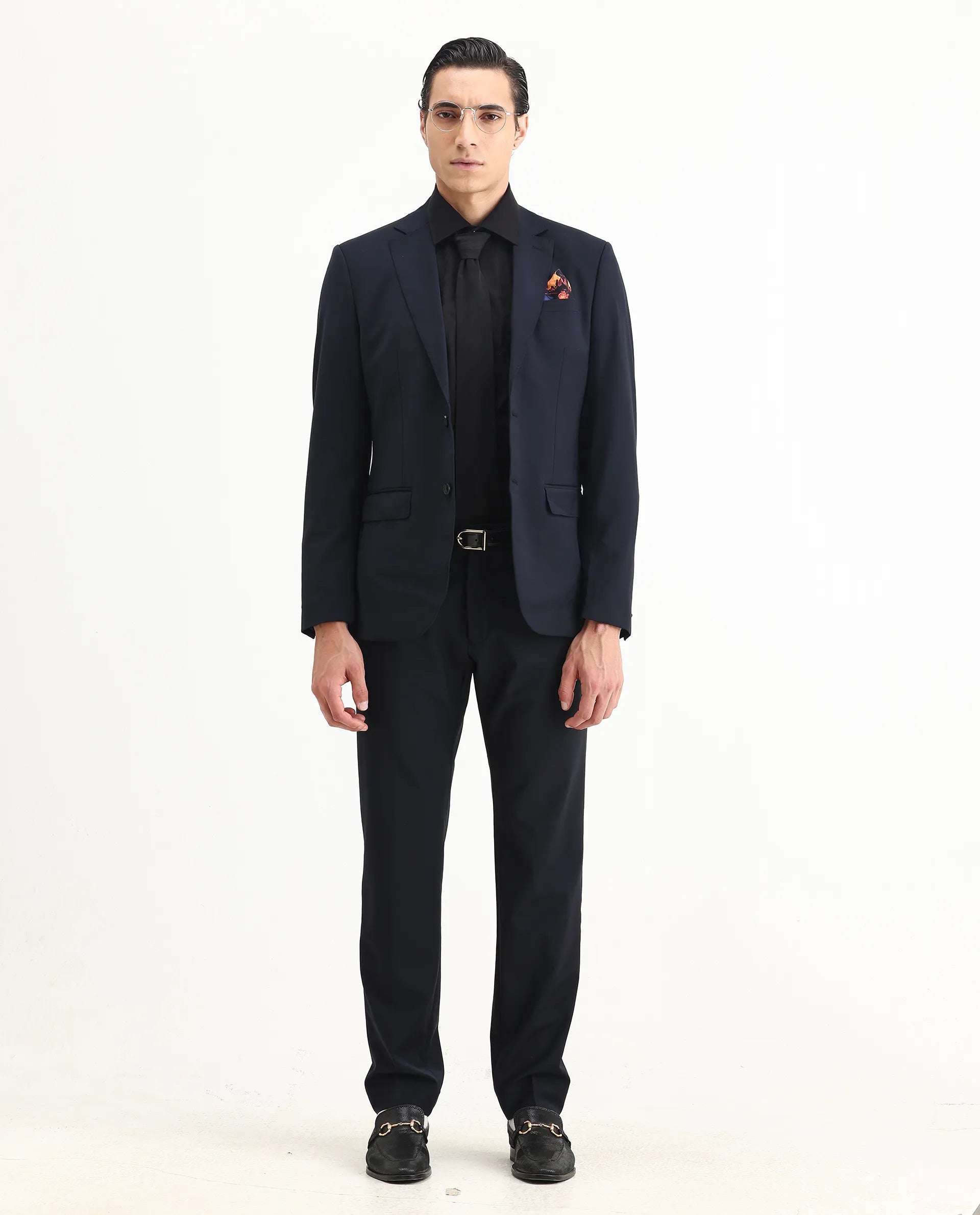 Rare Rabbit Men's Arbo-B Navy Polyester Plain Slim Fit Full Sleeve Lapel Neck Suits