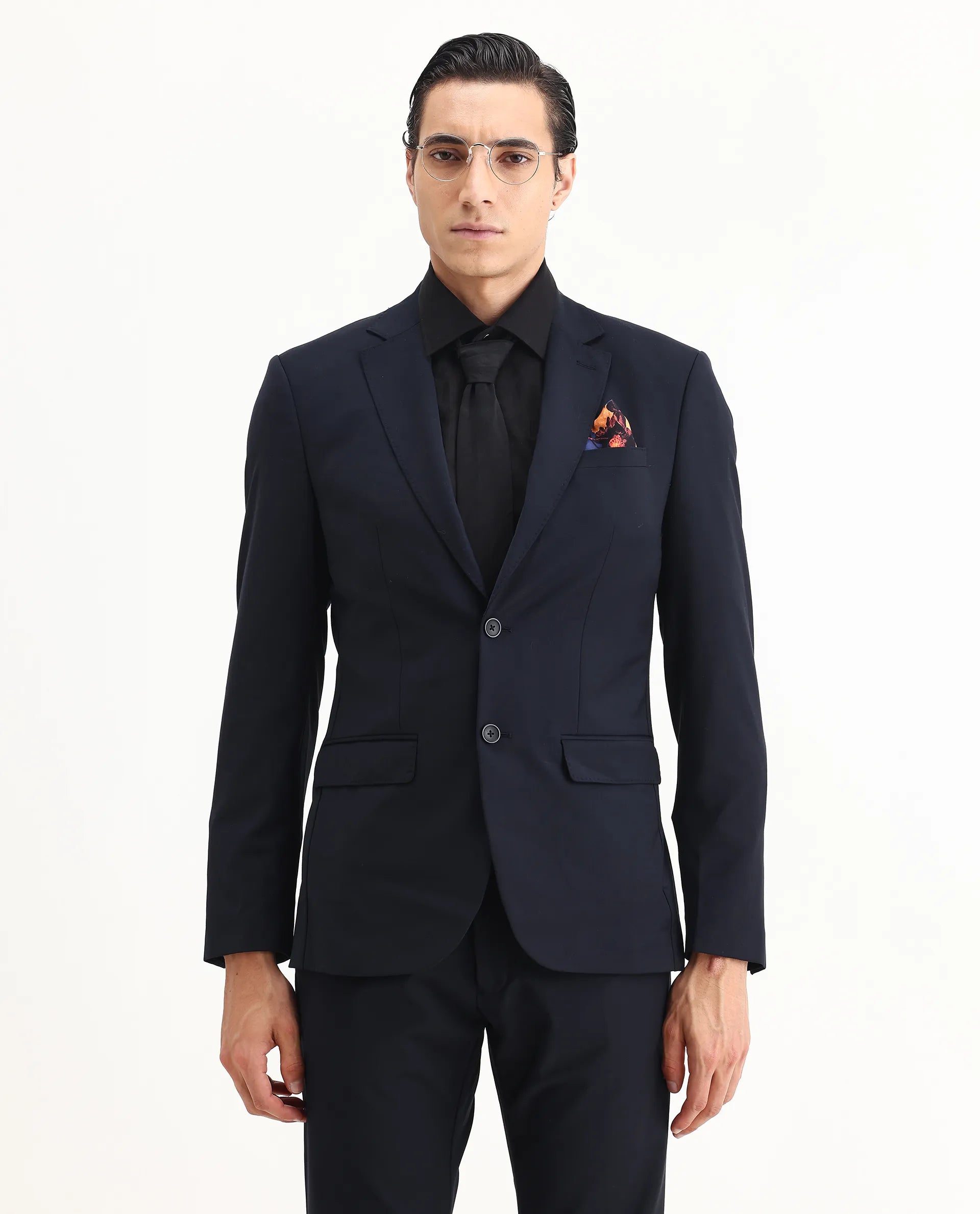 Rare Rabbit Men's Arbo-B Navy Polyester Plain Slim Fit Full Sleeve Lapel Neck Suits