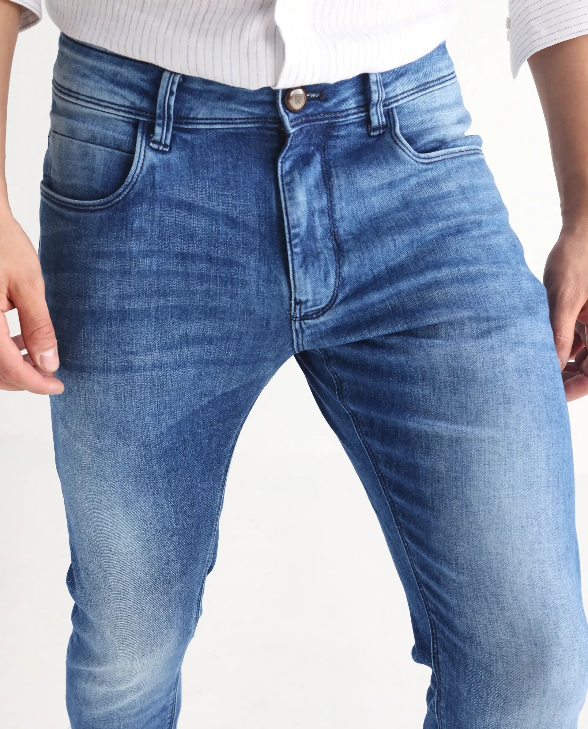 Rare Rabbit Men's Arbok Blue Cotton Plain Hawk Slim Fit Jeans