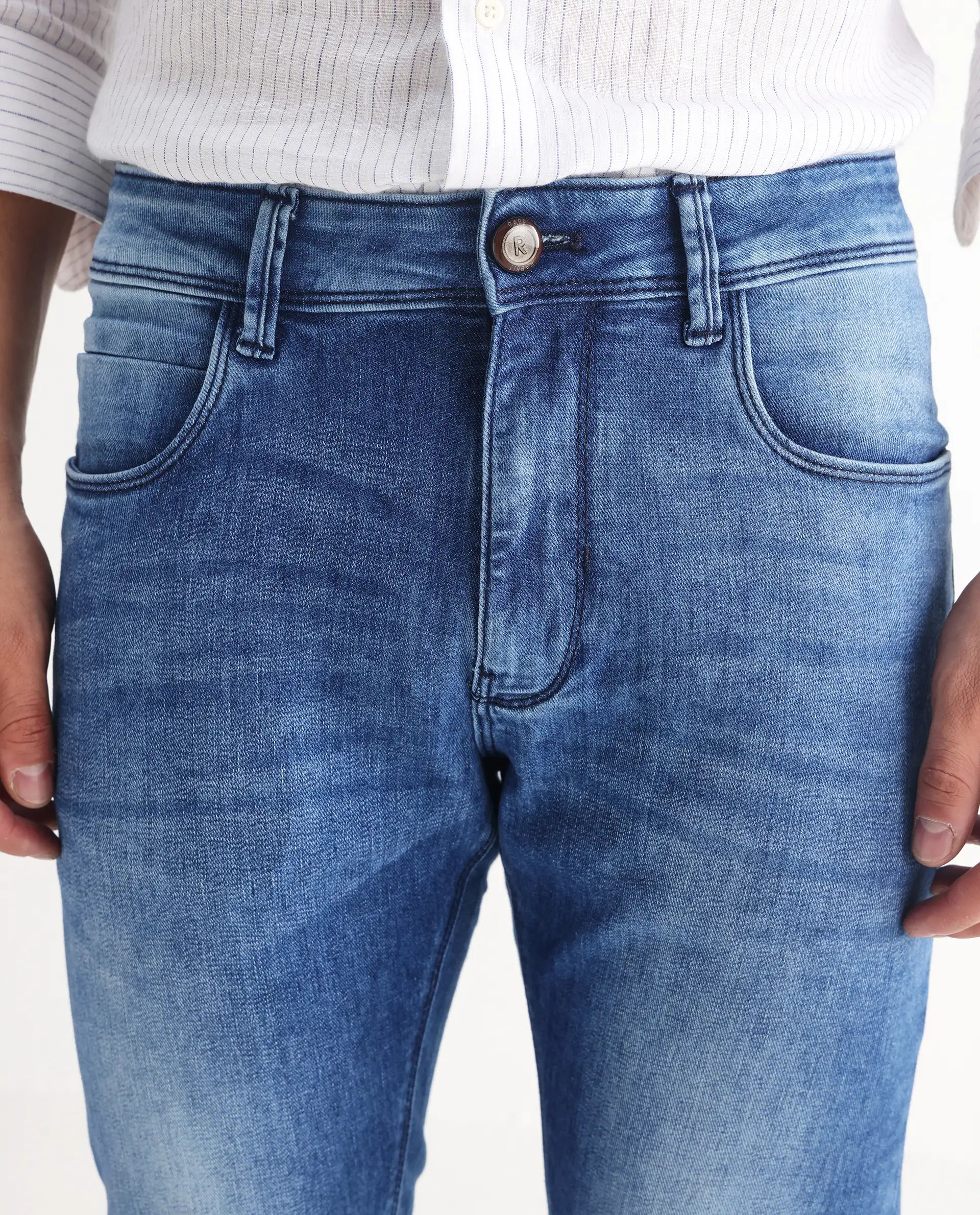 Rare Rabbit Men's Arbok Blue Cotton Plain Hawk Slim Fit Jeans