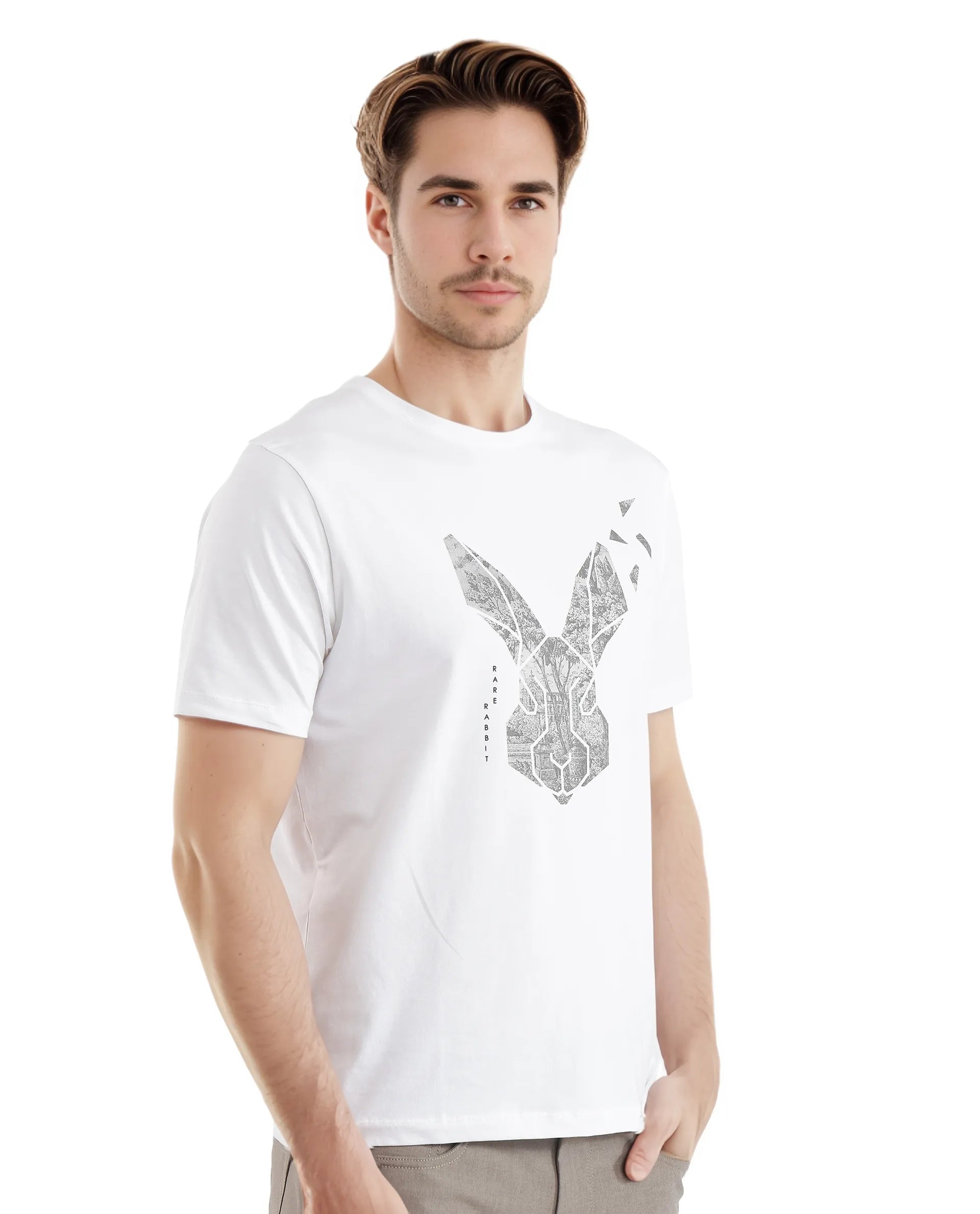 Rare Rabbit Men's Arbor-1 White Cotton Lycra Fabric Short Sleeve Crew Neck Graphic Print T-Shirt