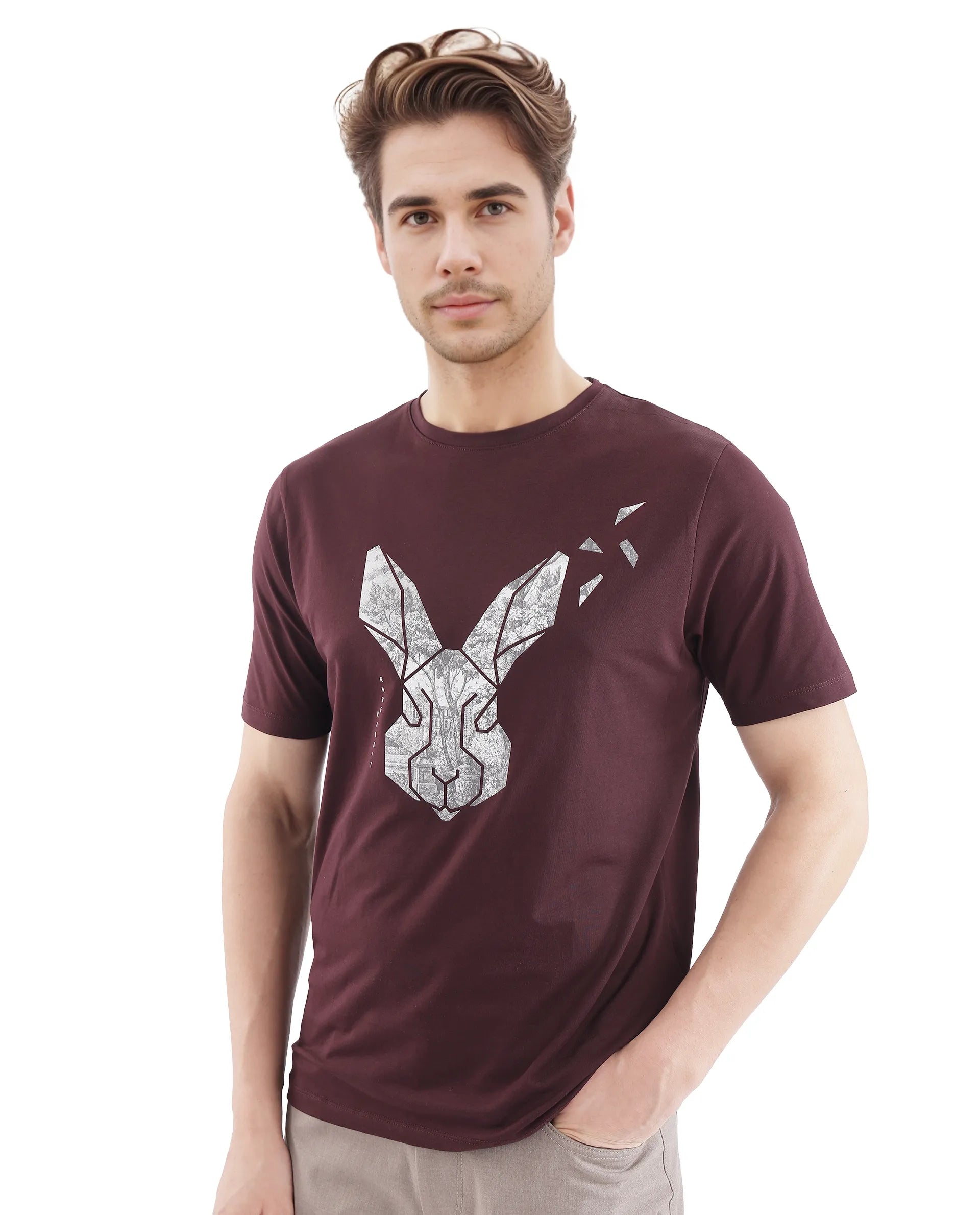 Rare Rabbit Men's Arbor-1 Maroon Cotton Lycra Fabric Short Sleeve Crew Neck Graphic Print T-Shirt