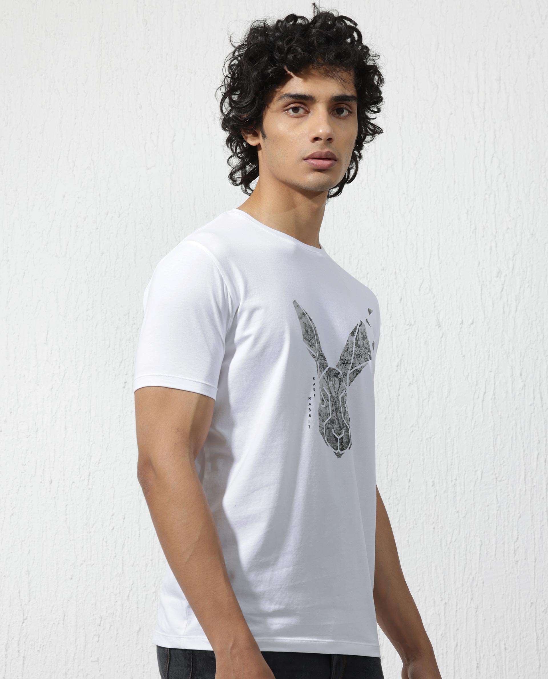 Rare Rabbit Men's Arbor White Cotton Lycra Fabric Half Sleeves Graphic Logo Print T-Shirt