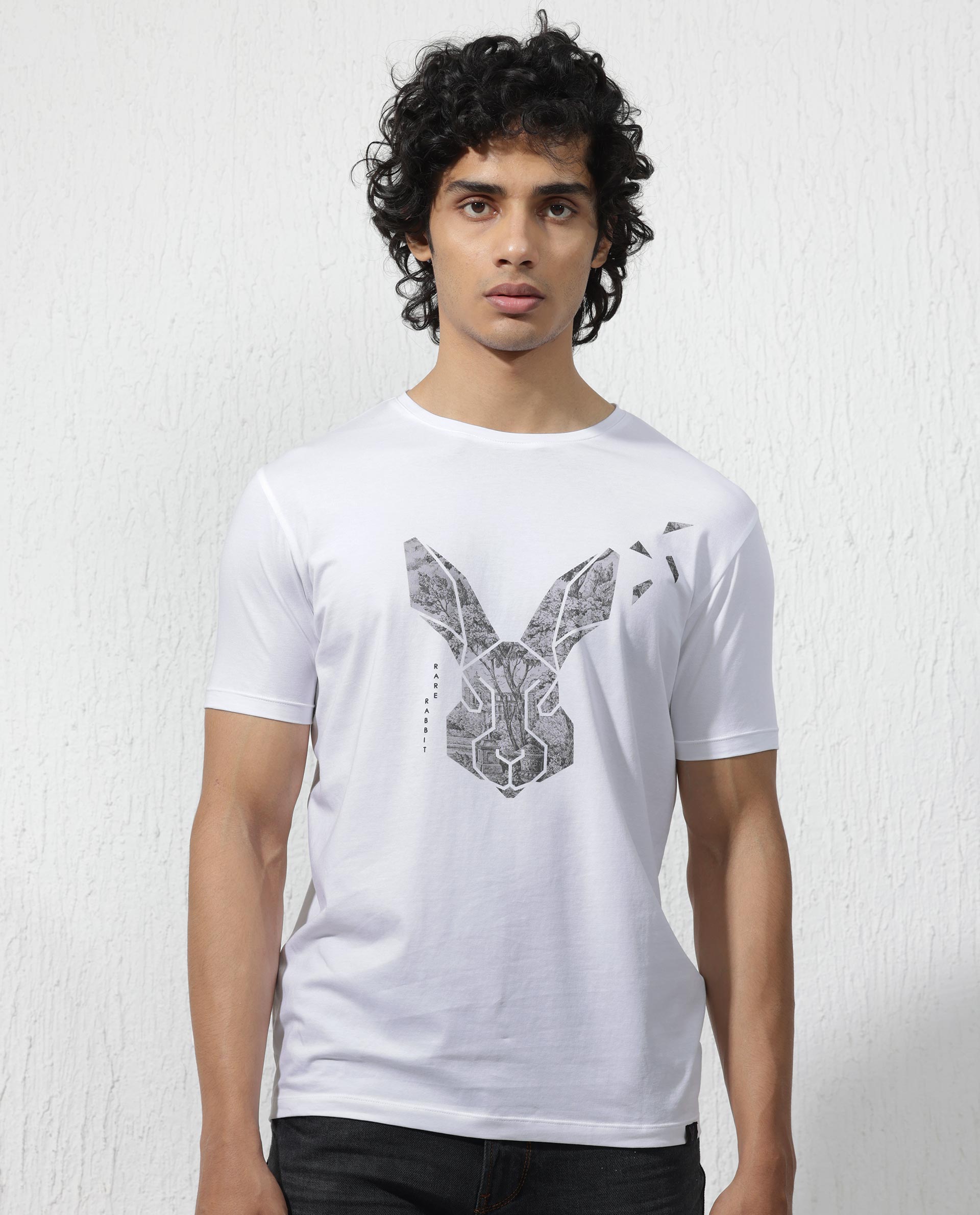 Rare Rabbit Men's Arbor White Cotton Blend Graphic Print Regular Fit Half Sleeve Crew Neck T-Shirt
