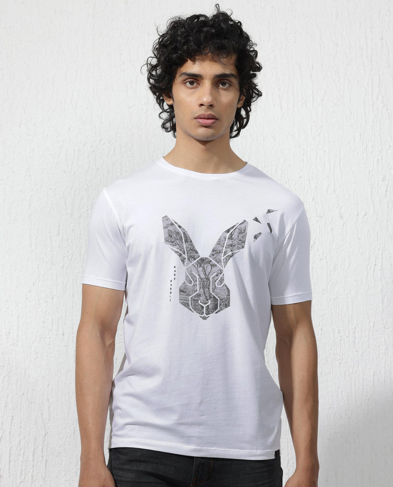 Rare Rabbit Men's Arbor White Cotton Lycra Fabric Half Sleeves Graphic Logo Print T-Shirt