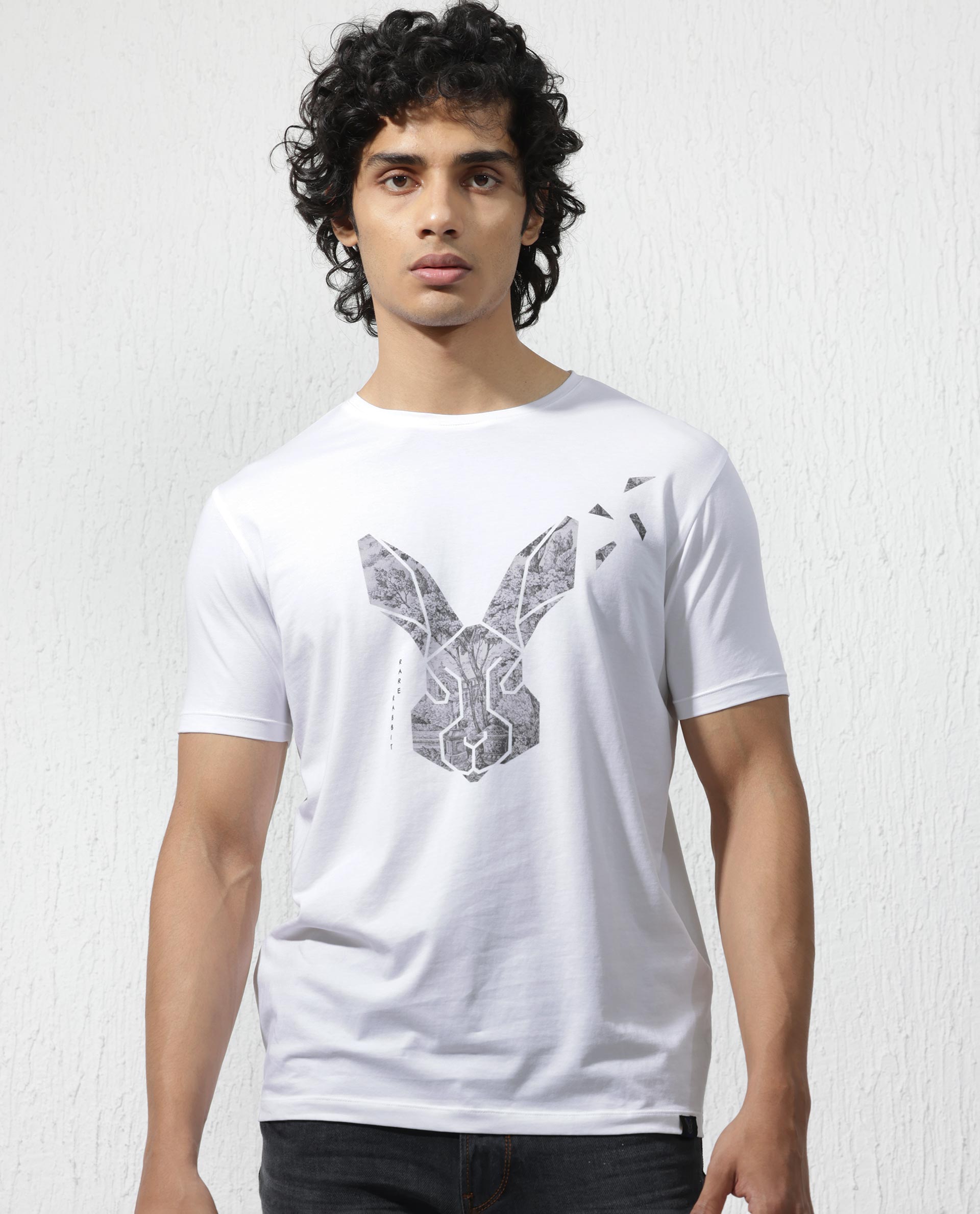 Rare Rabbit Men's Arbor White Cotton Lycra Fabric Half Sleeves Graphic Logo Print T-Shirt